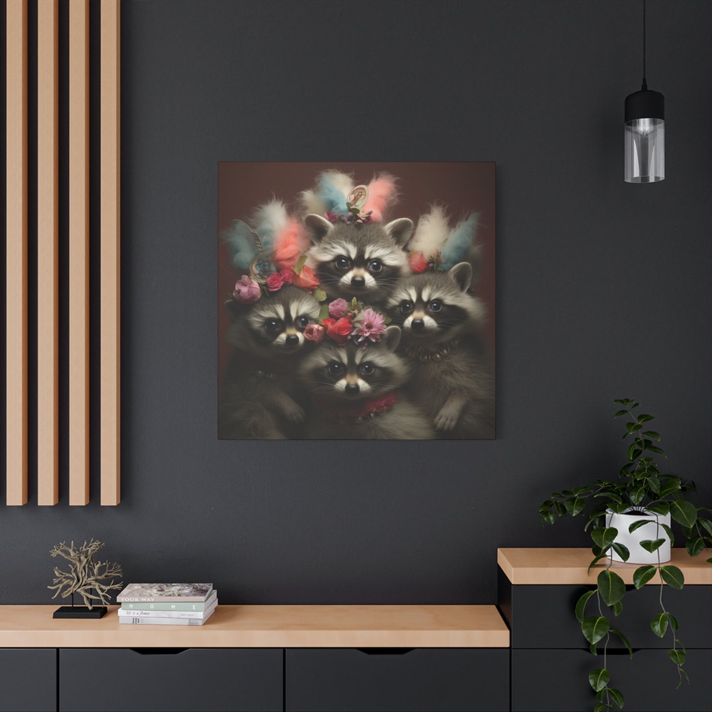 Raccoon Family with Colorful Plumes Wall Canvas