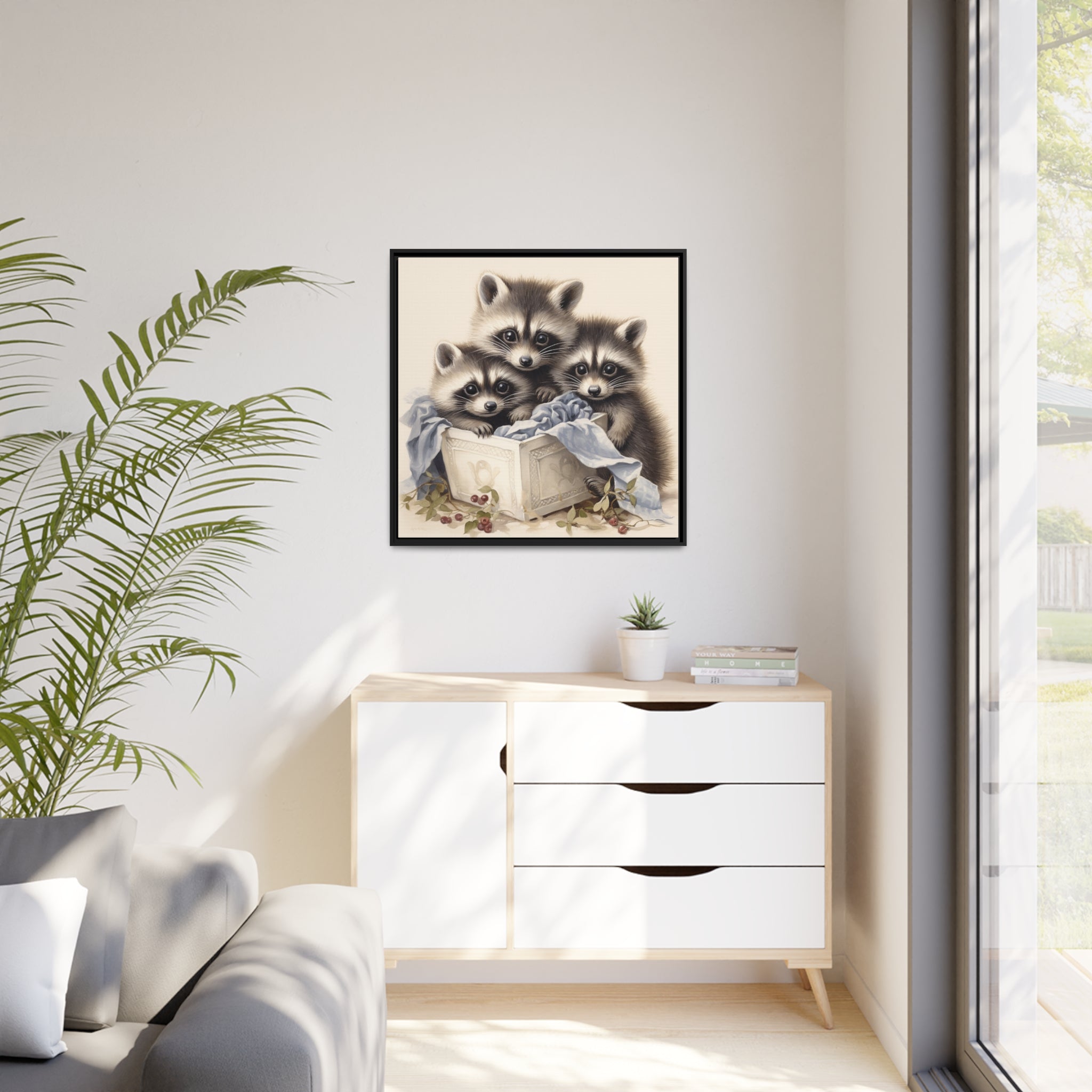 Raccoon Family with Blue Blanket Framed Wall Canvas