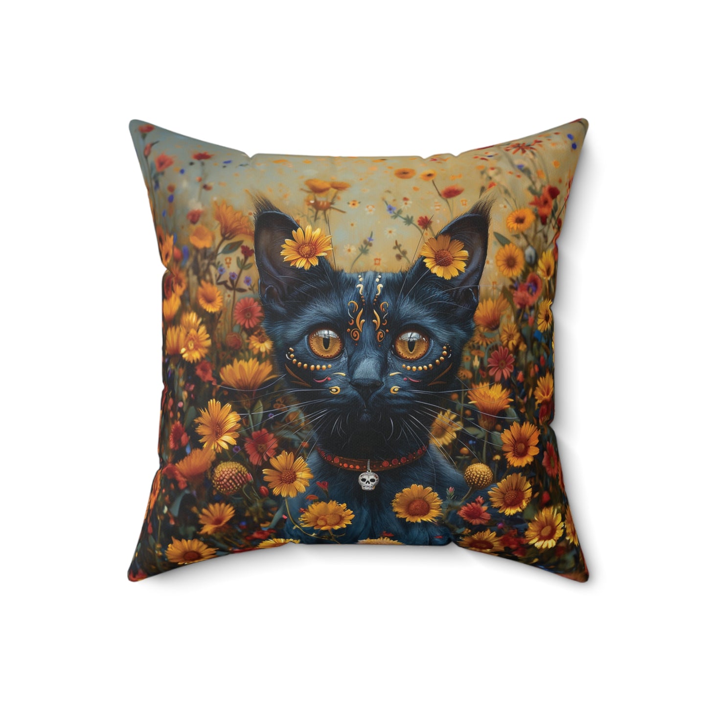 Cat in Yellow Daisies - Day of the Dead - Throw Pillow