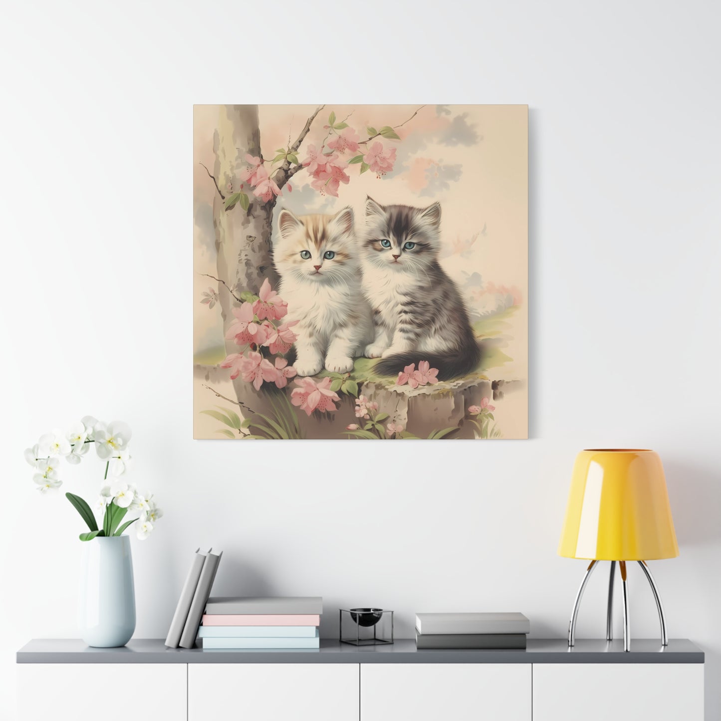 Kittens Under Pink Flowering Tree Wall Canvas