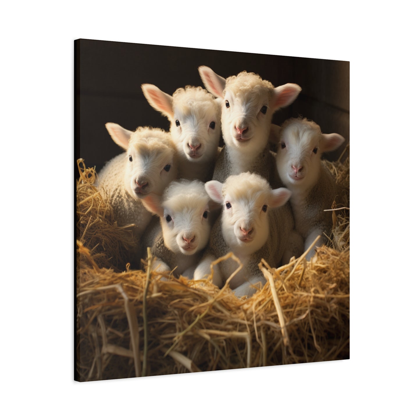 Lamb Family in Straw Wall Canvas