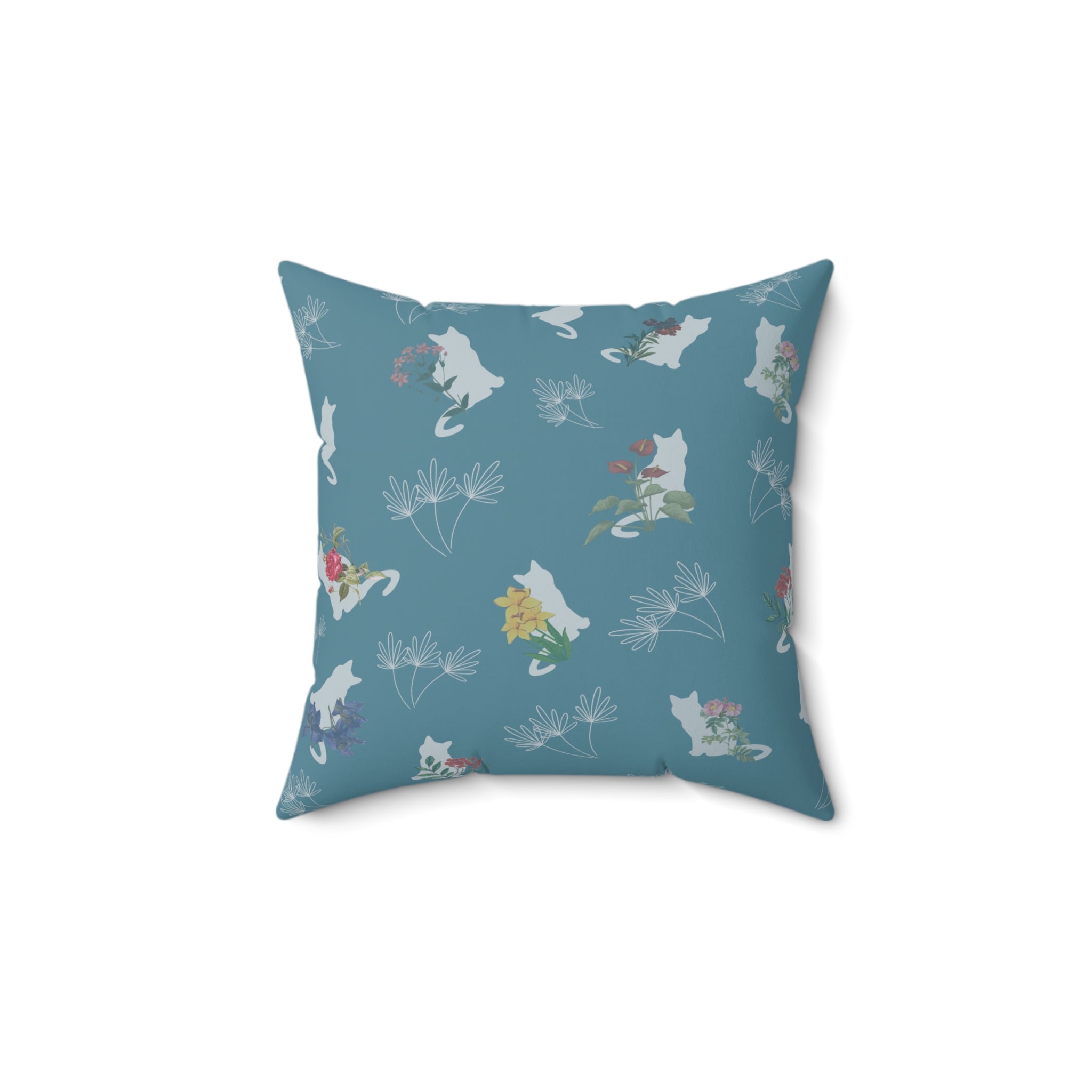 Cat and Flowers/Leafy Whimsy Throw Pillow – Light Blue