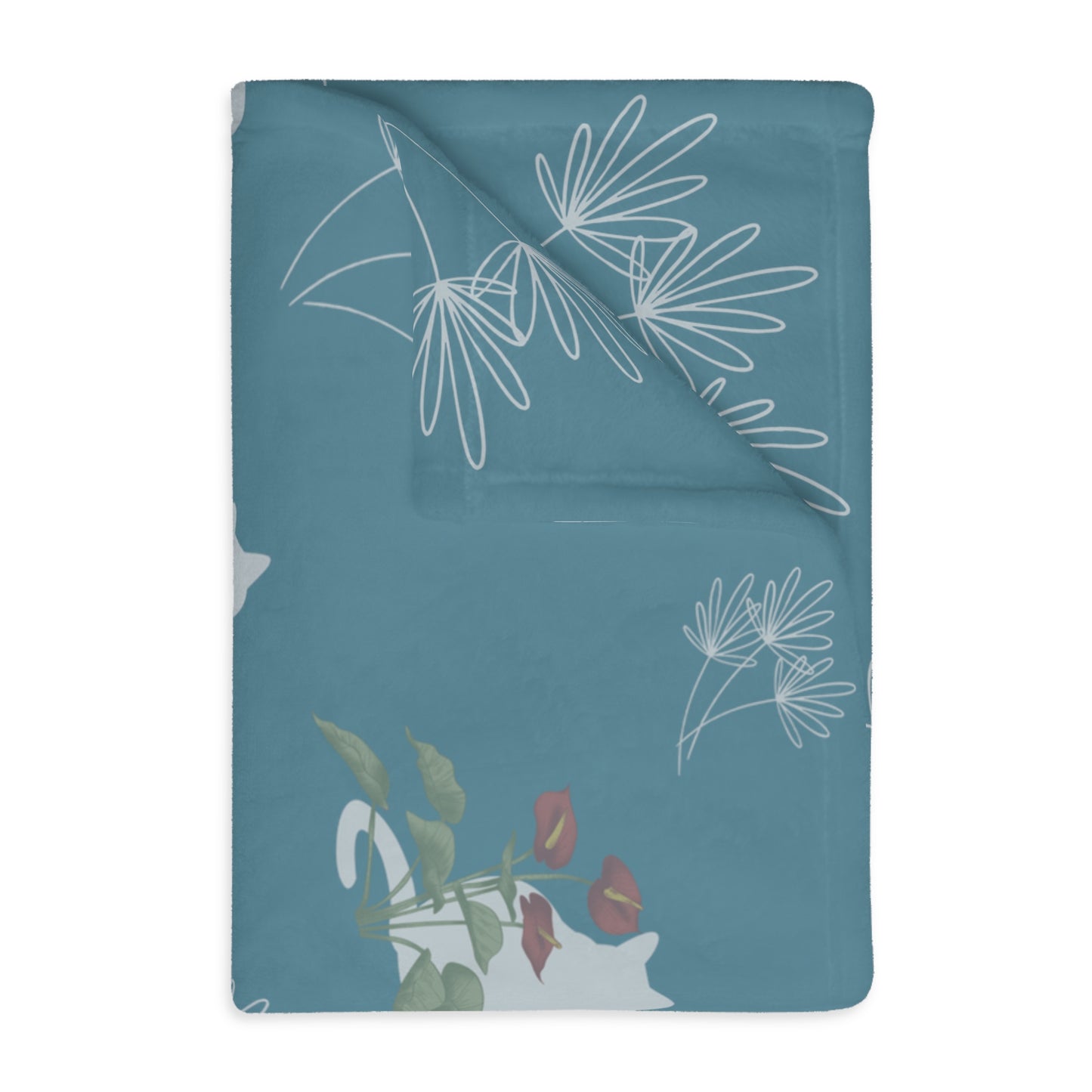 Cats and Flowers/Leafy Whimsy Blanket – Light Blue