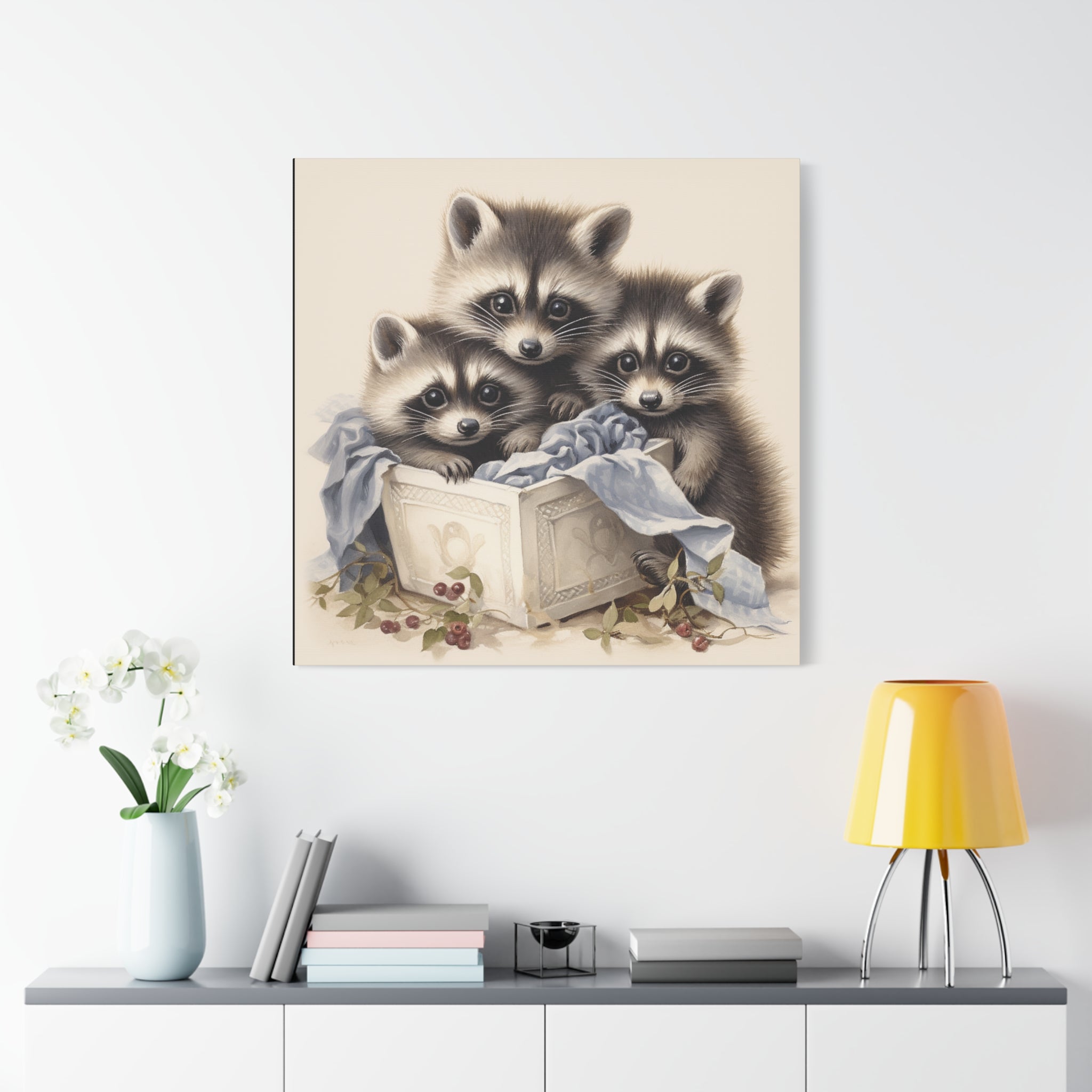 Raccoon Family with Blue Blanket Wall Canvas