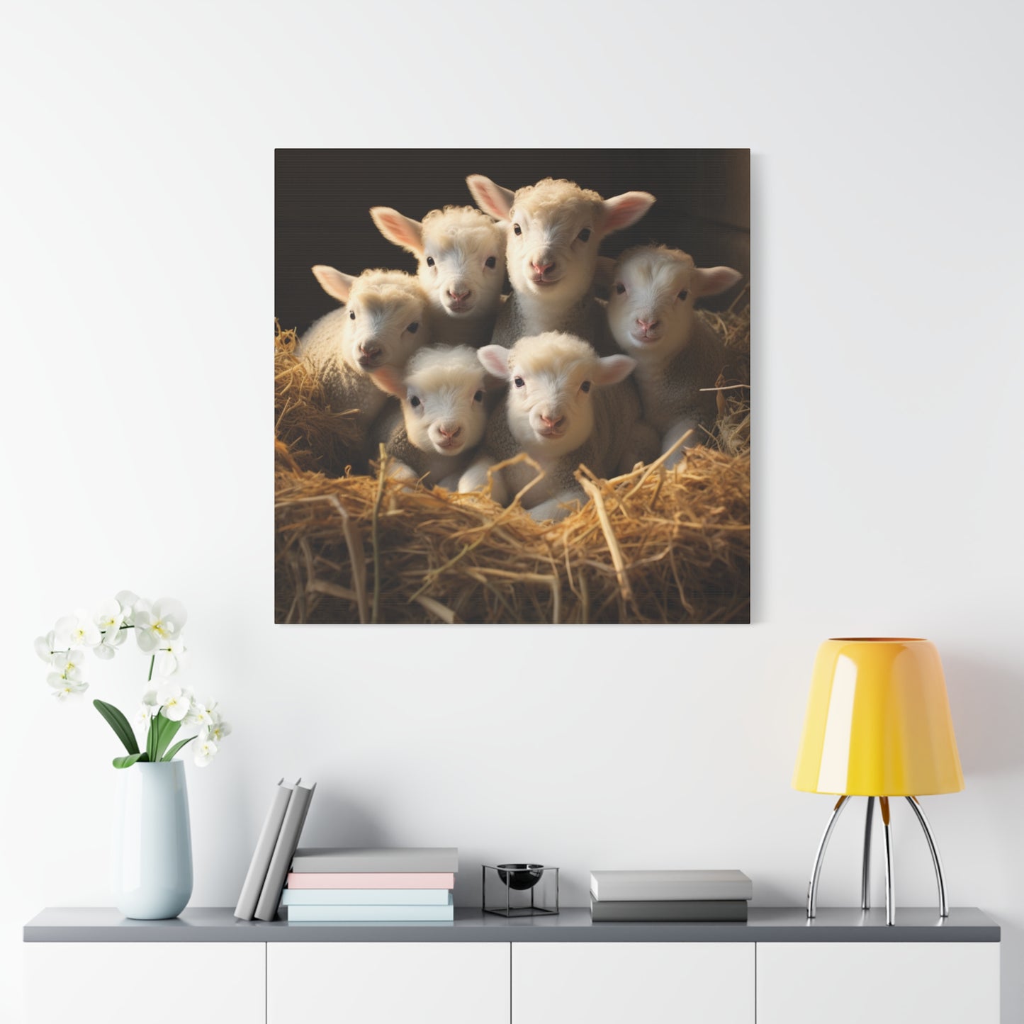 Lamb Family in Straw Wall Canvas