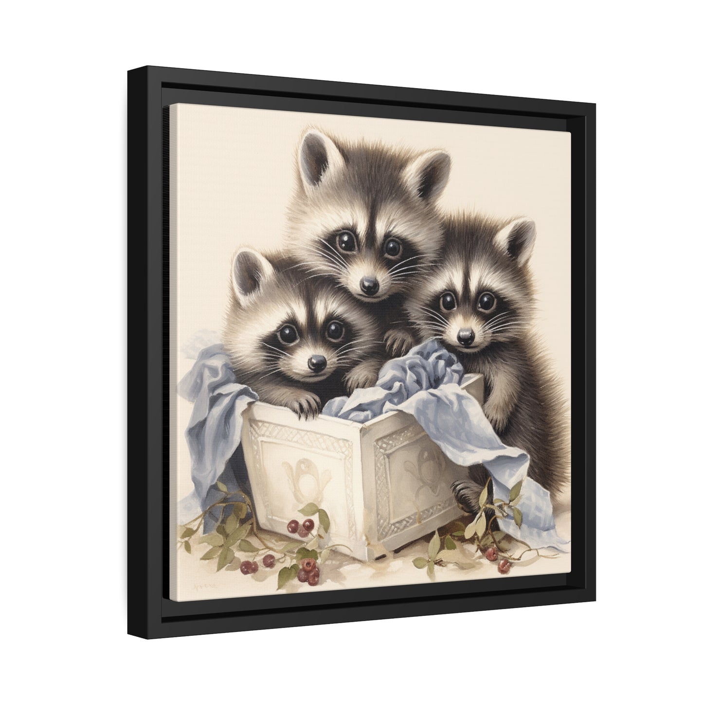 Raccoon Family with Blue Blanket Framed Wall Canvas