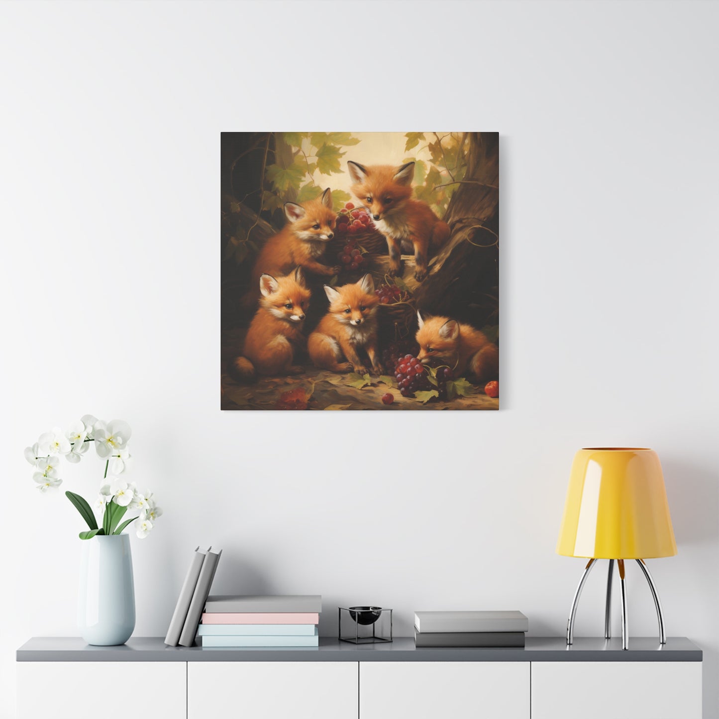 Fox Family with Red Grapes Wall Canvas