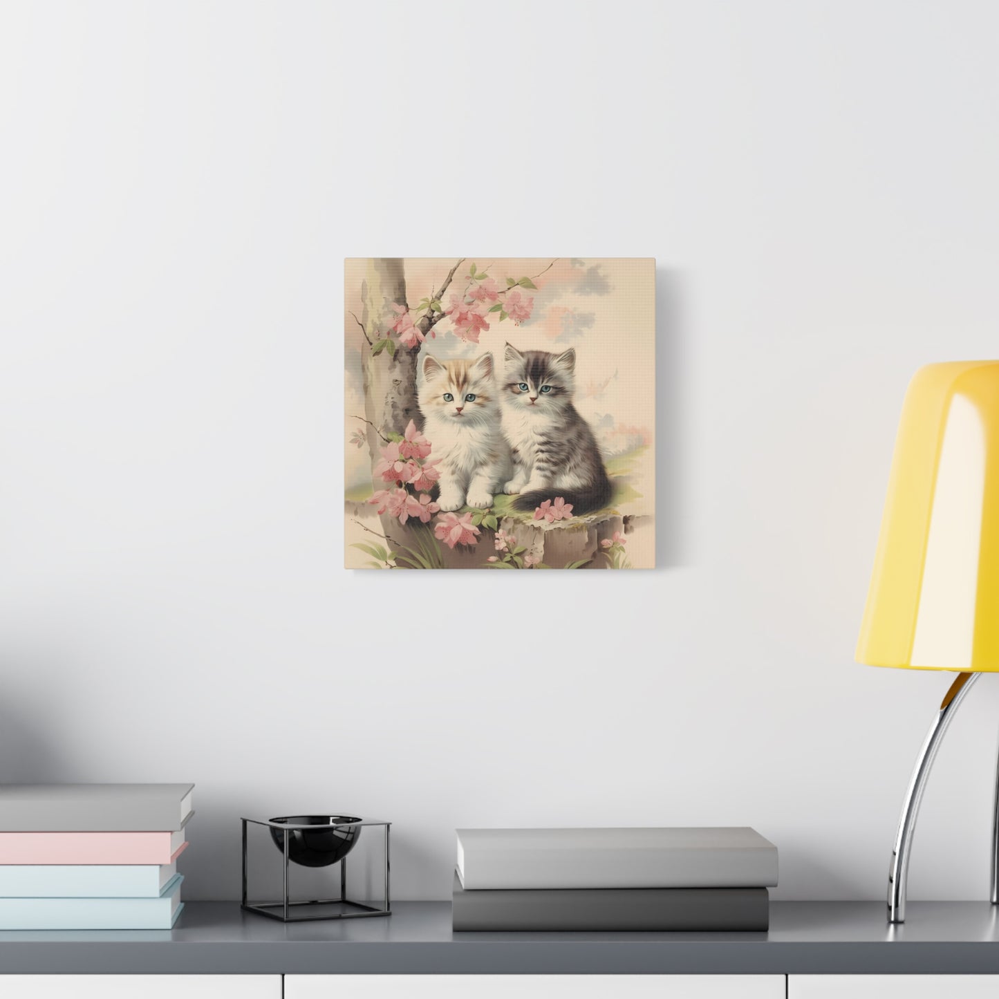 Kittens Under Pink Flowering Tree Wall Canvas