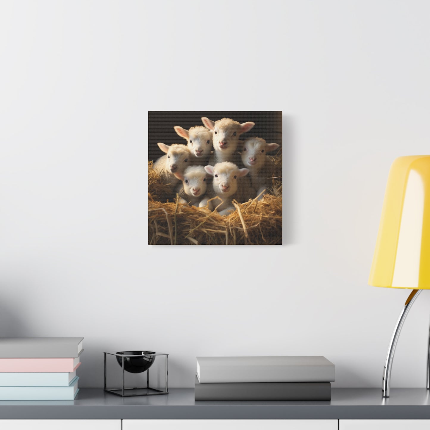 Lamb Family in Straw Wall Canvas