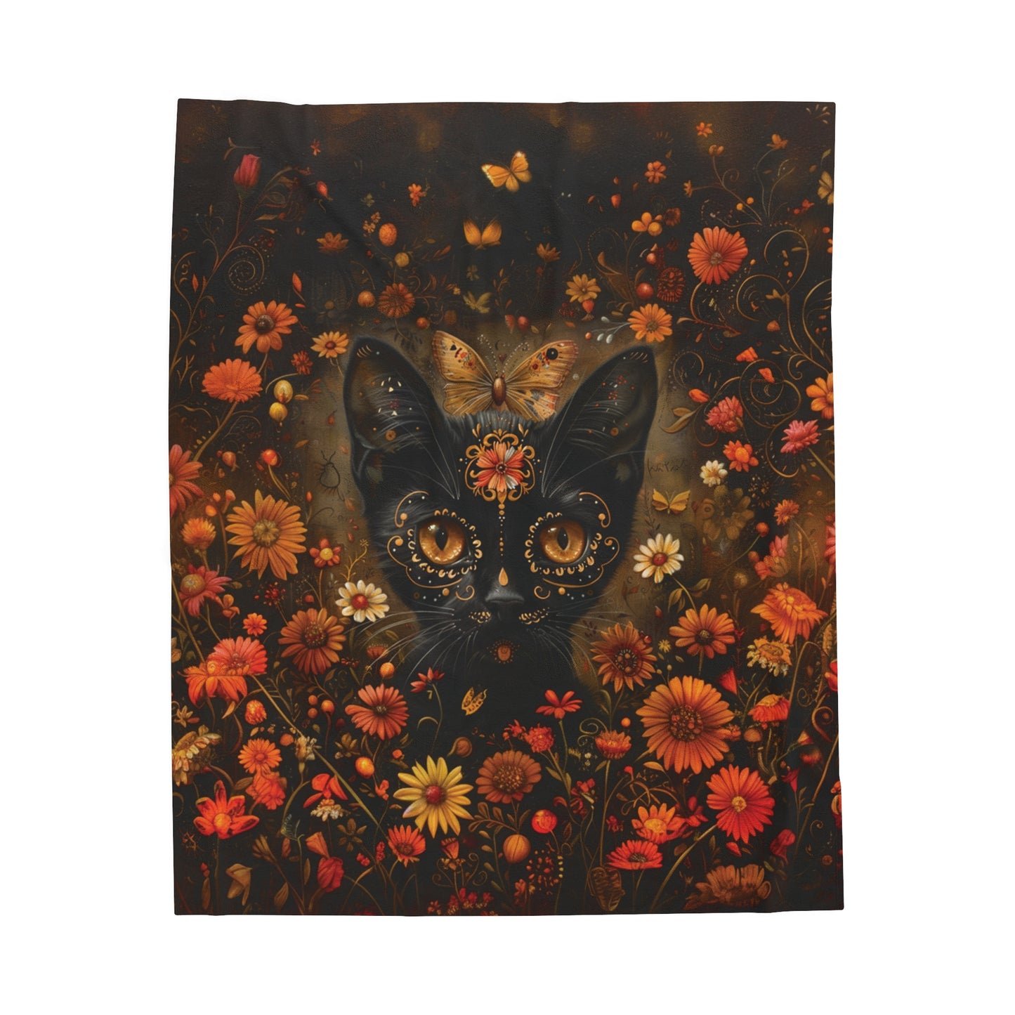 Cat in Orange Wildflowers - Day of the Dead - Throw Blanket