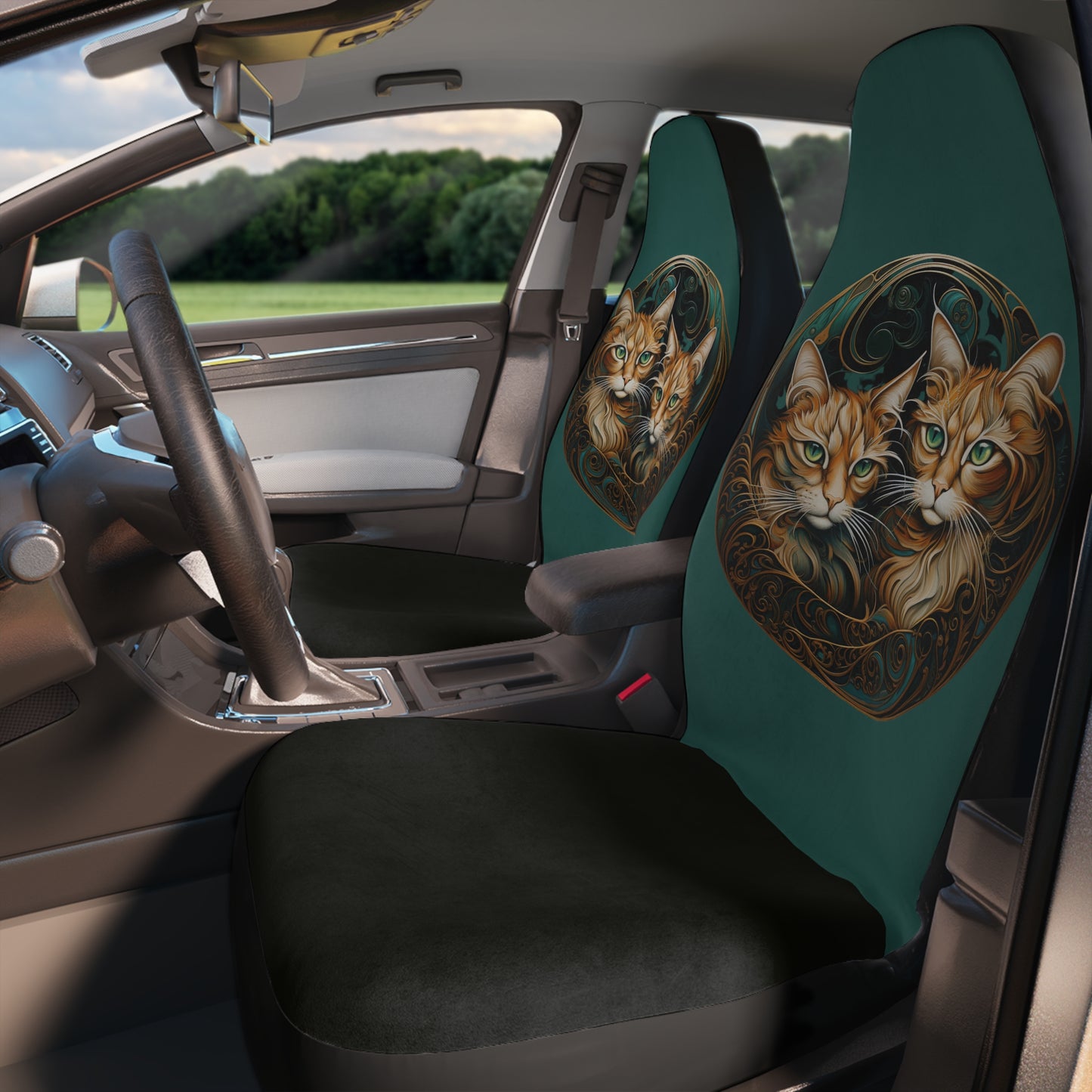 Gold and Green Cat Harmony Car Seat Covers - Green