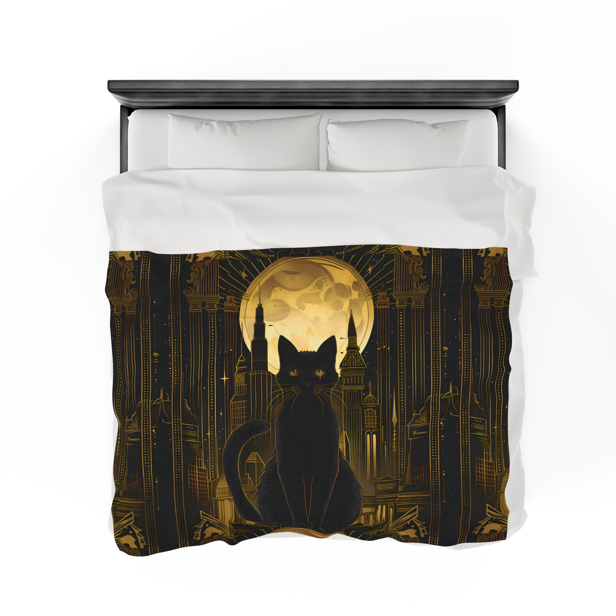 Black Cat and Gold Moon Art Deco - Velveteen Blanket