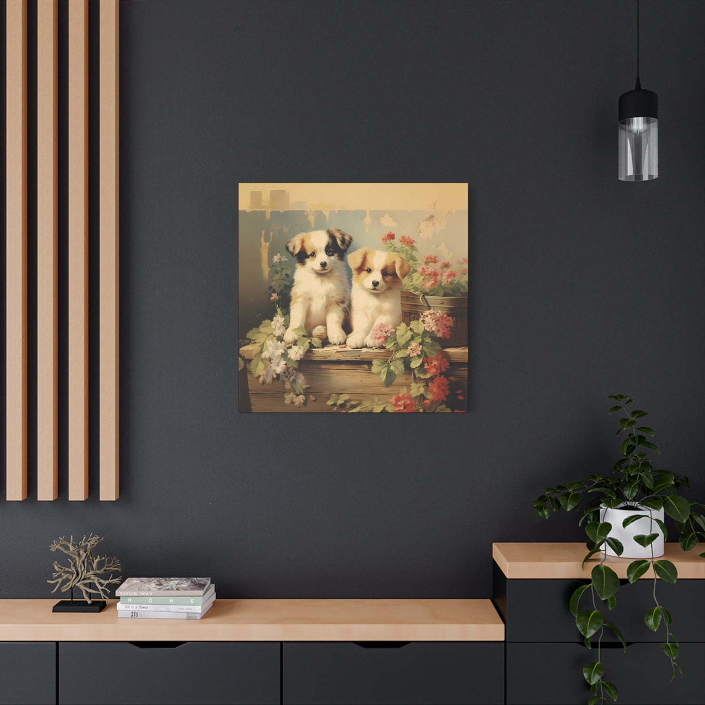 Puppies on Potting Table Wall Canvas