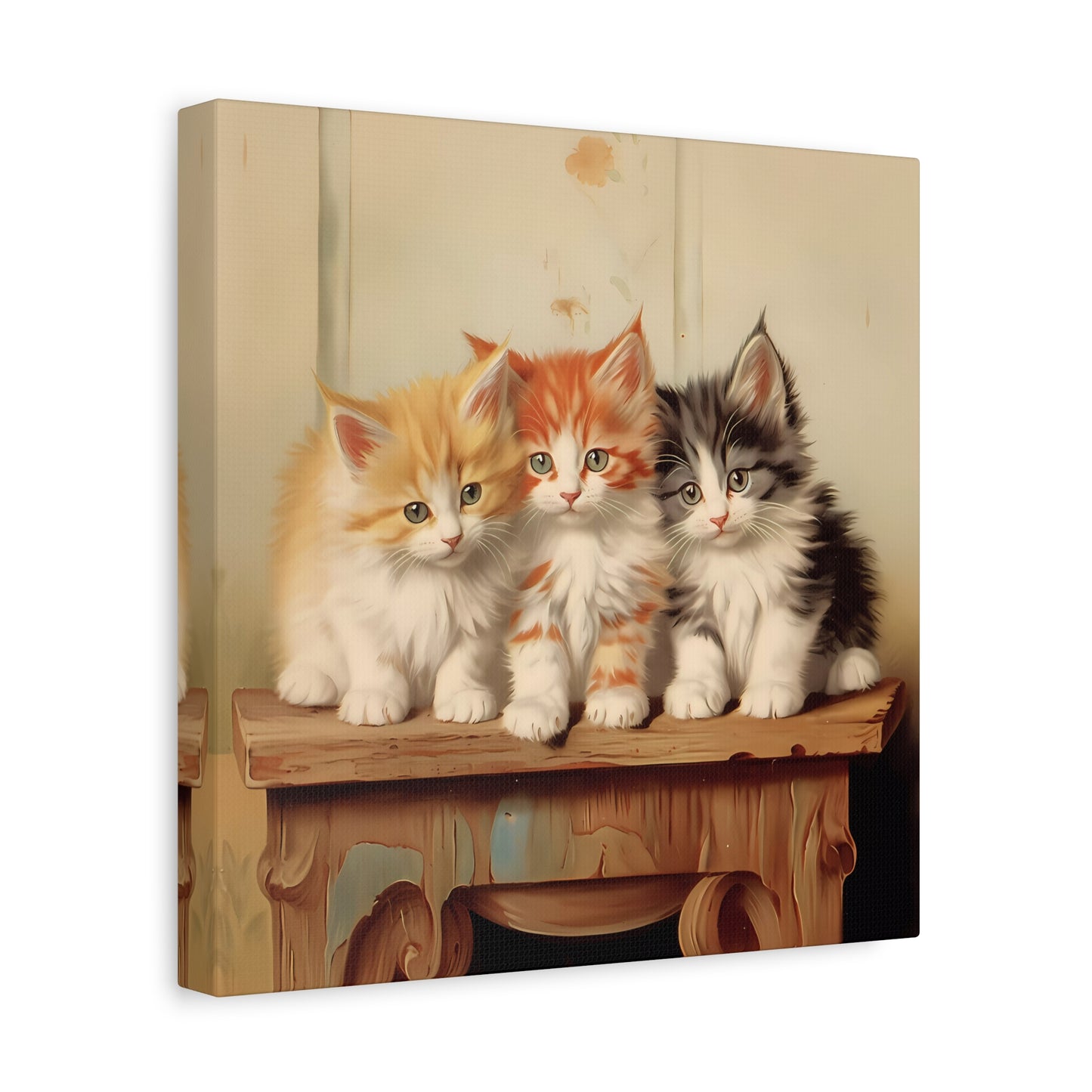 Three Kittens on Painted Table Wall Canvas