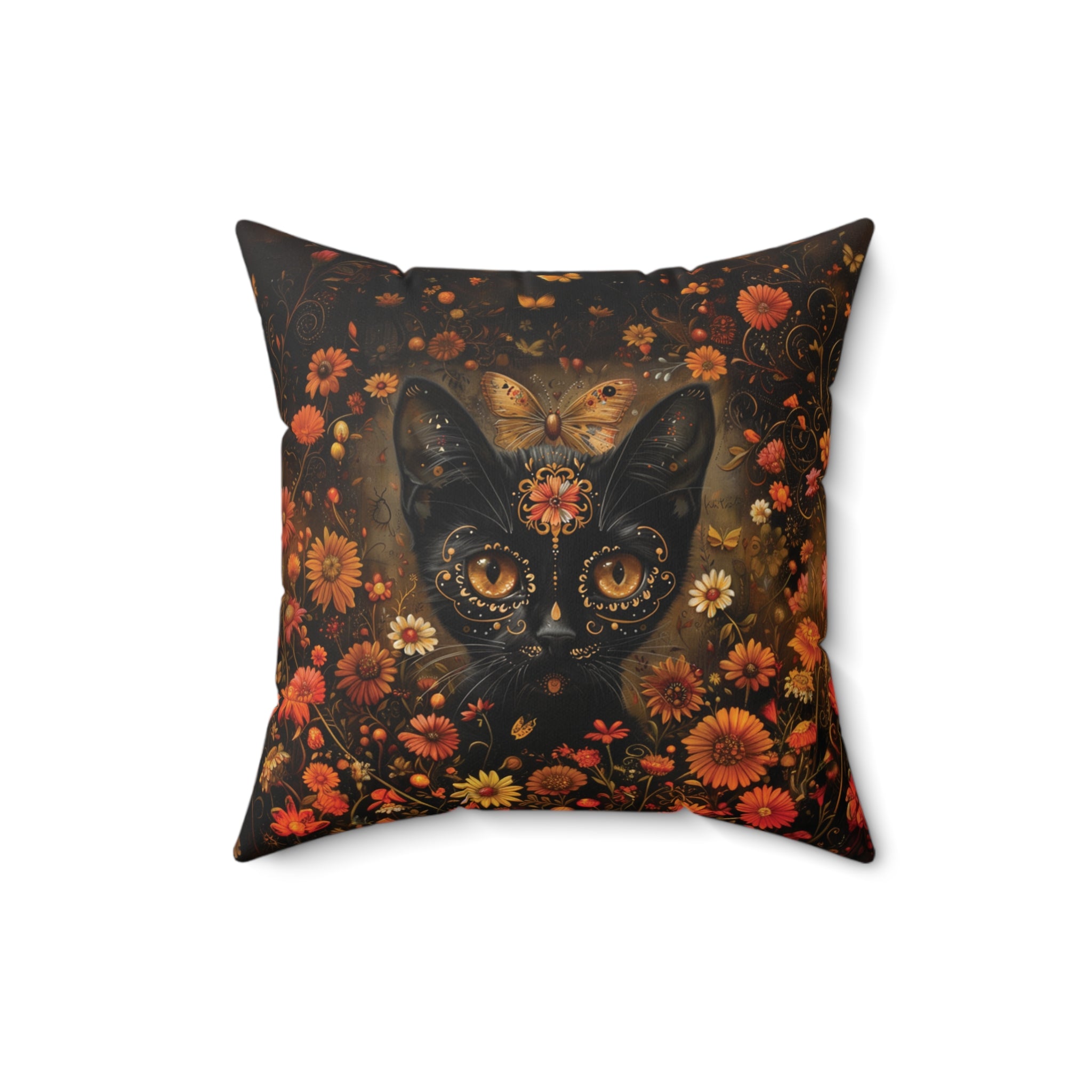 Cat in Orange Wildflowers - Day of the Dead - Throw Pillow