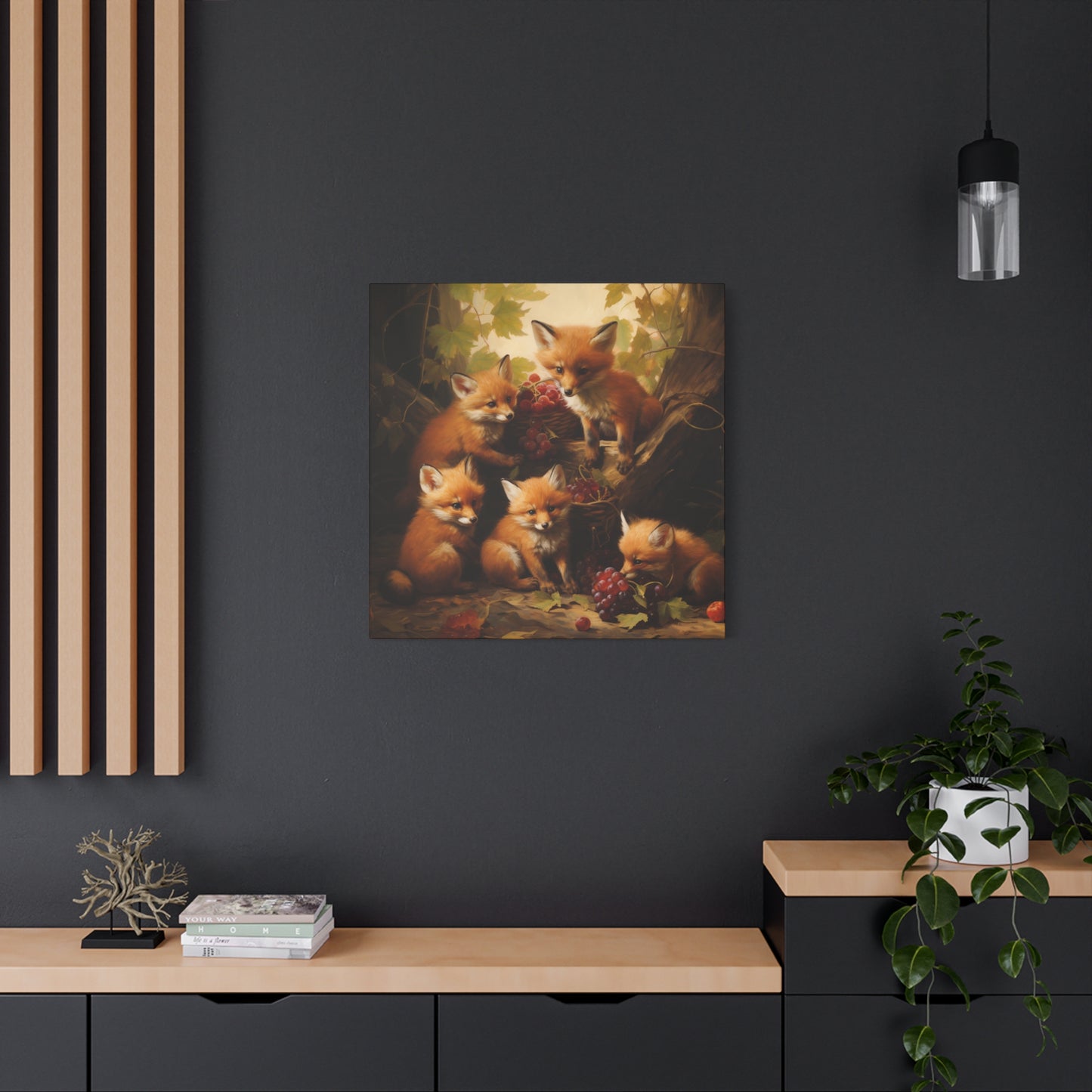 Fox Family with Red Grapes Wall Canvas