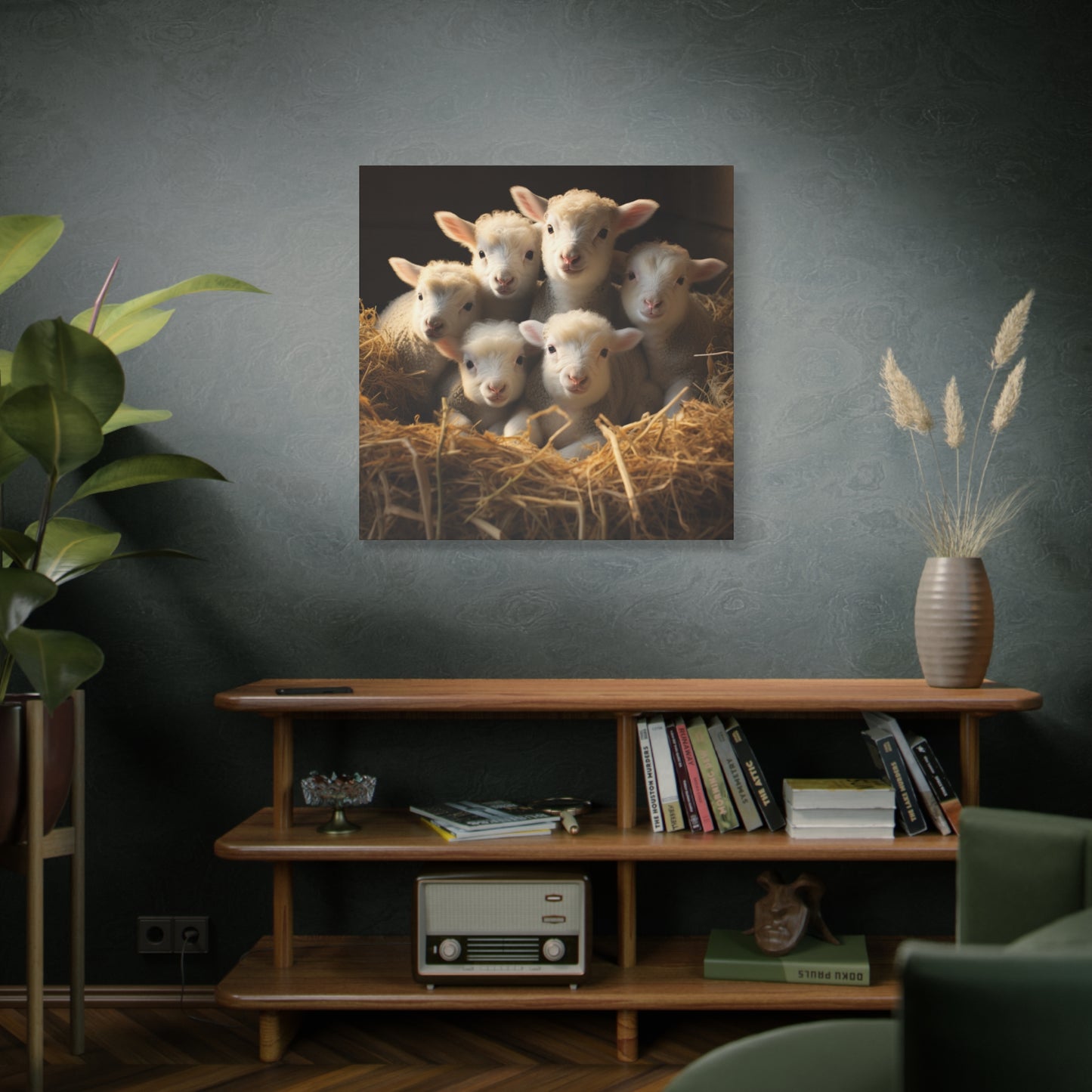 Lamb Family in Straw Wall Canvas