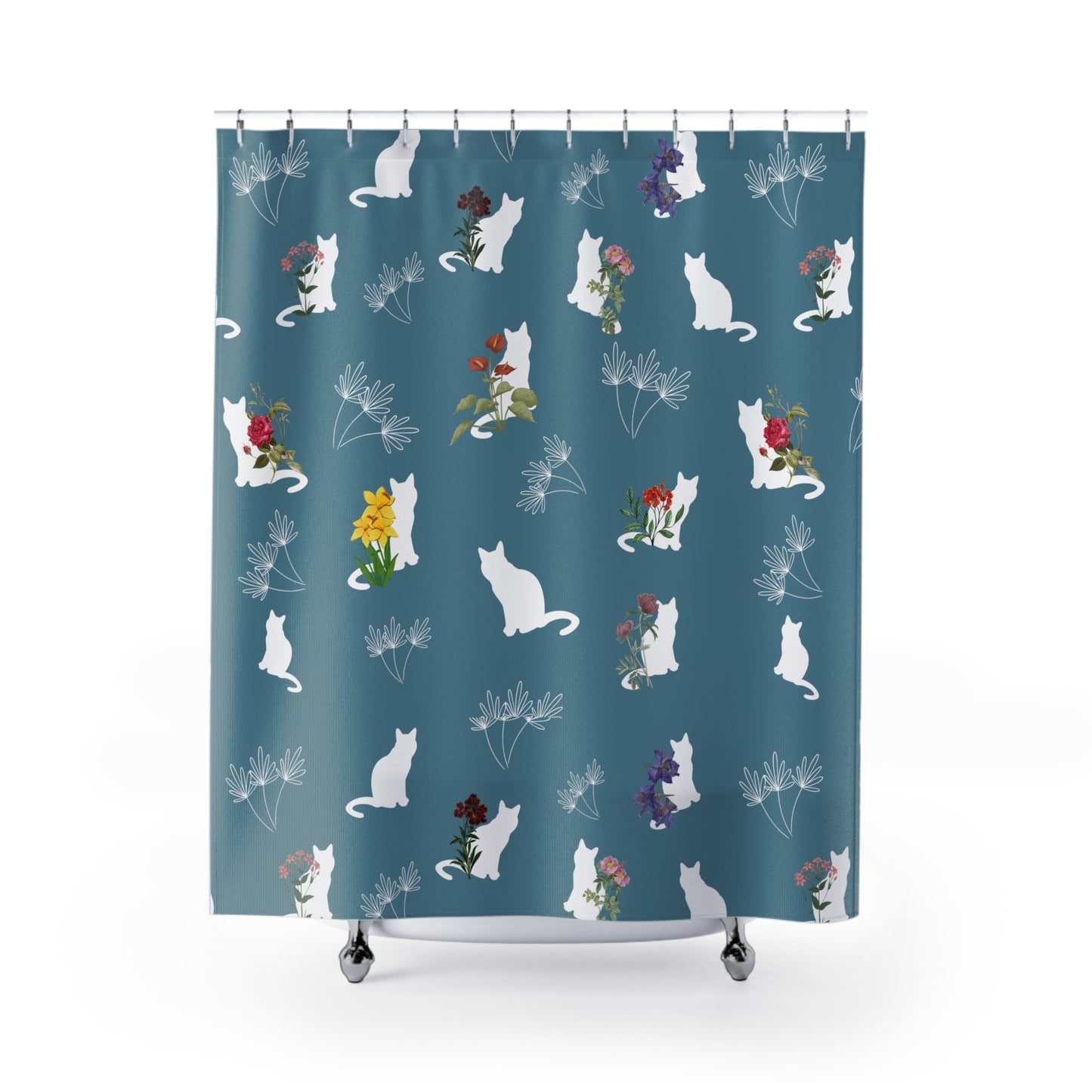 Cat and Flower/Leafy Whimsy Shower Curtain – Light Blue