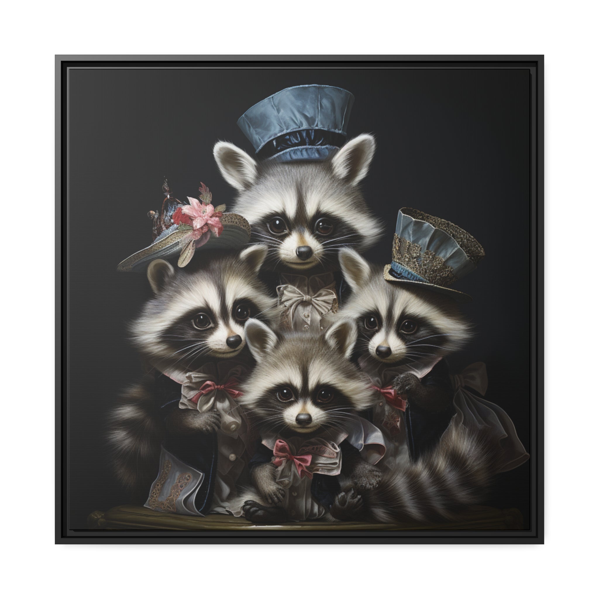 Raccoon Family in Blue Hats Framed Wall Canvas