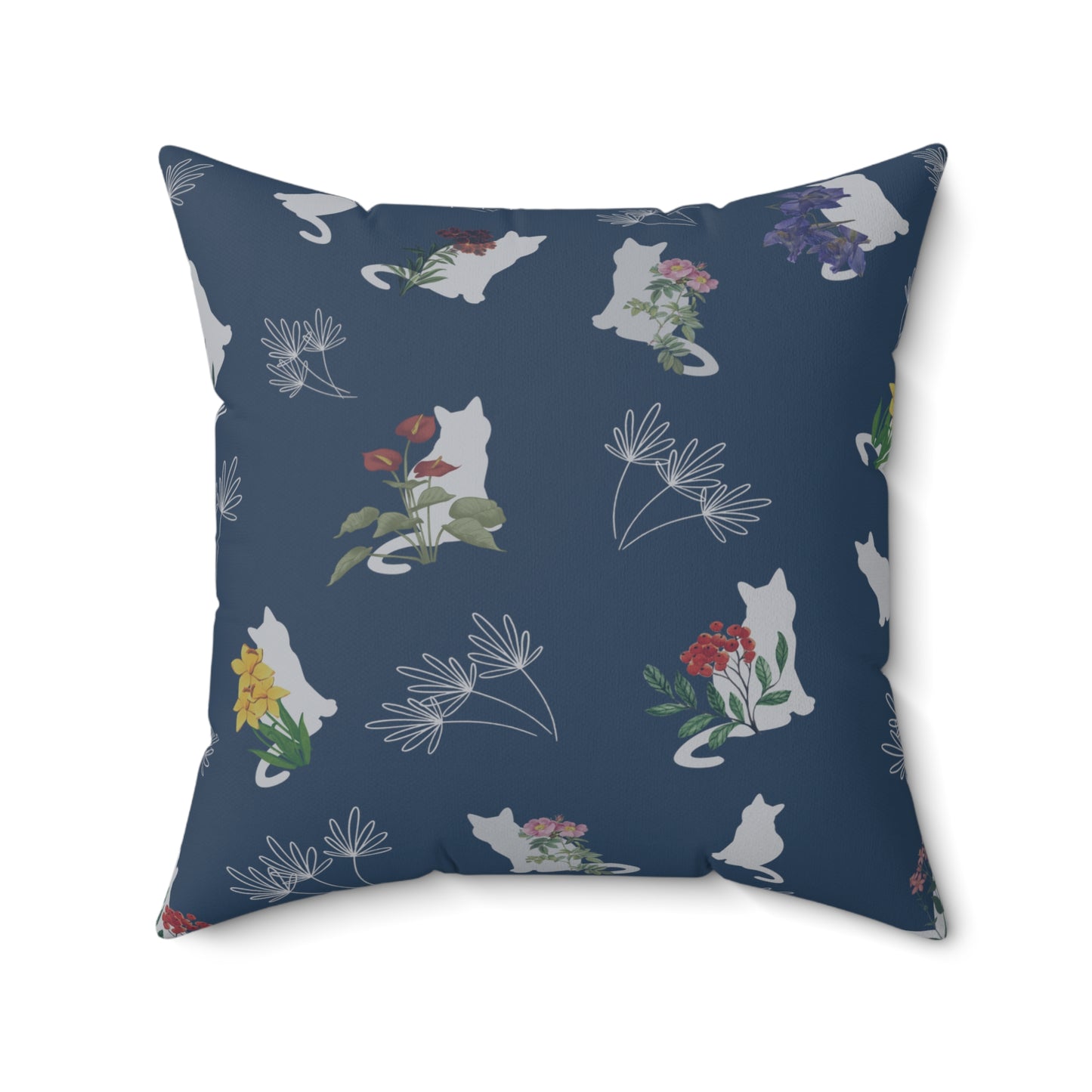 Cat and Flowers/Leafy Whimsy Throw Pillow – Blue