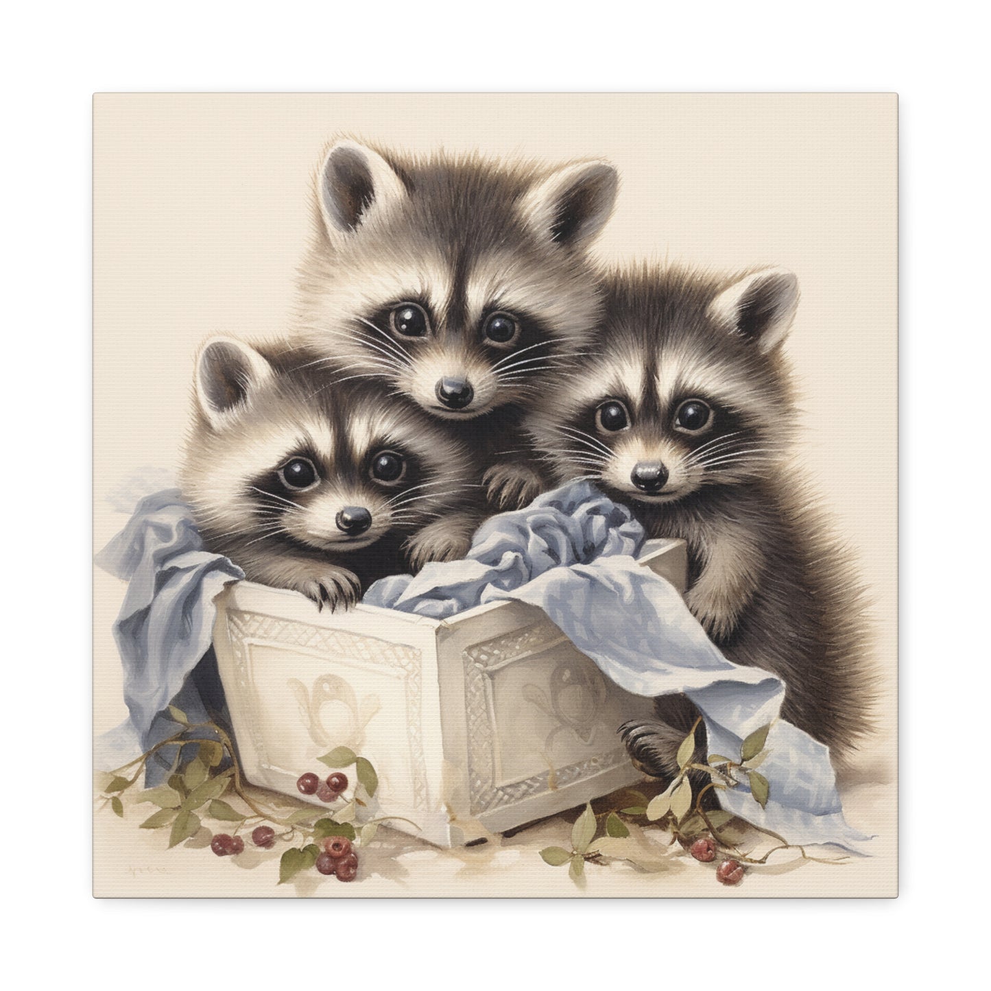 Raccoon Family with Blue Blanket Wall Canvas