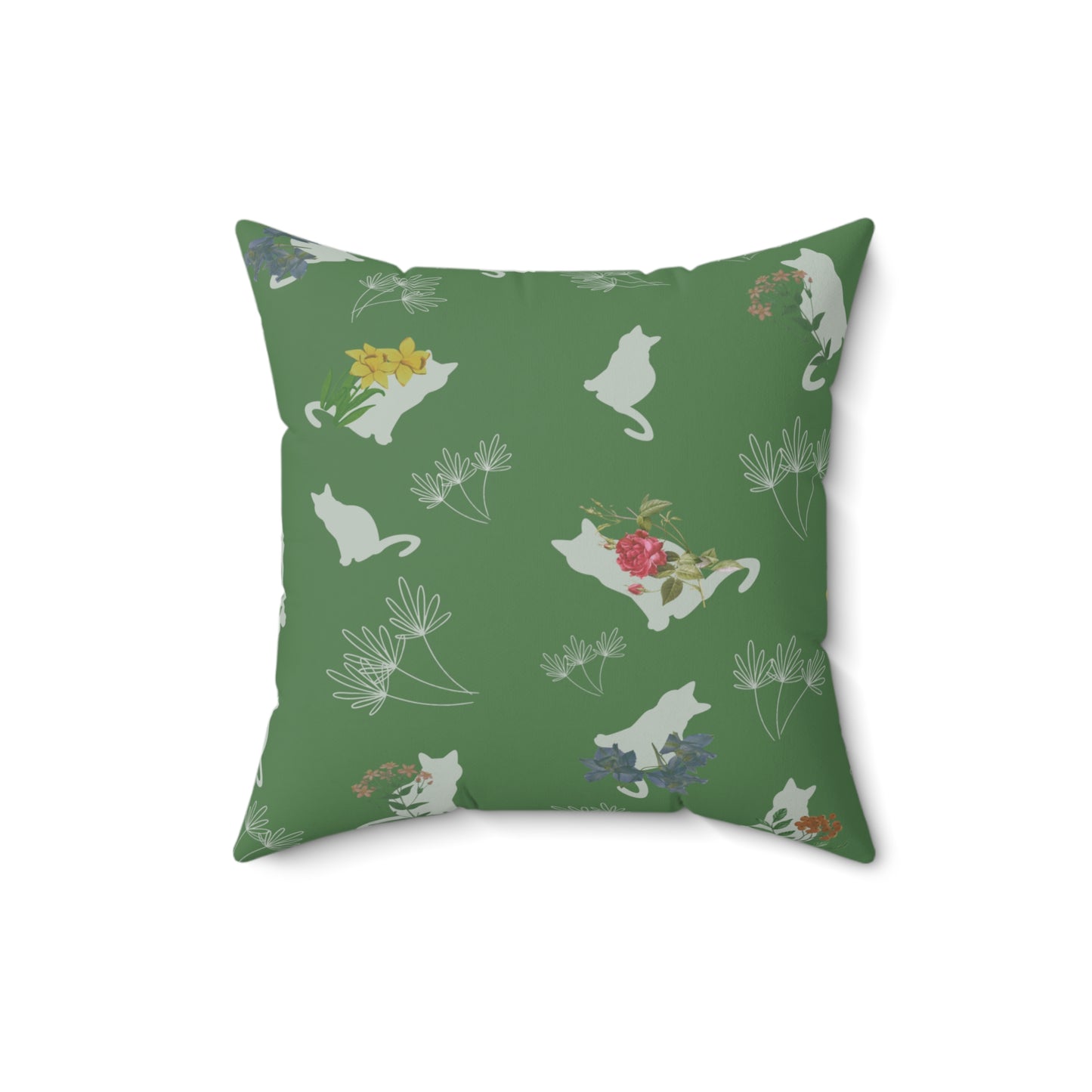 Cat and Flowers/Leafy Whimsy Throw Pillow – Green