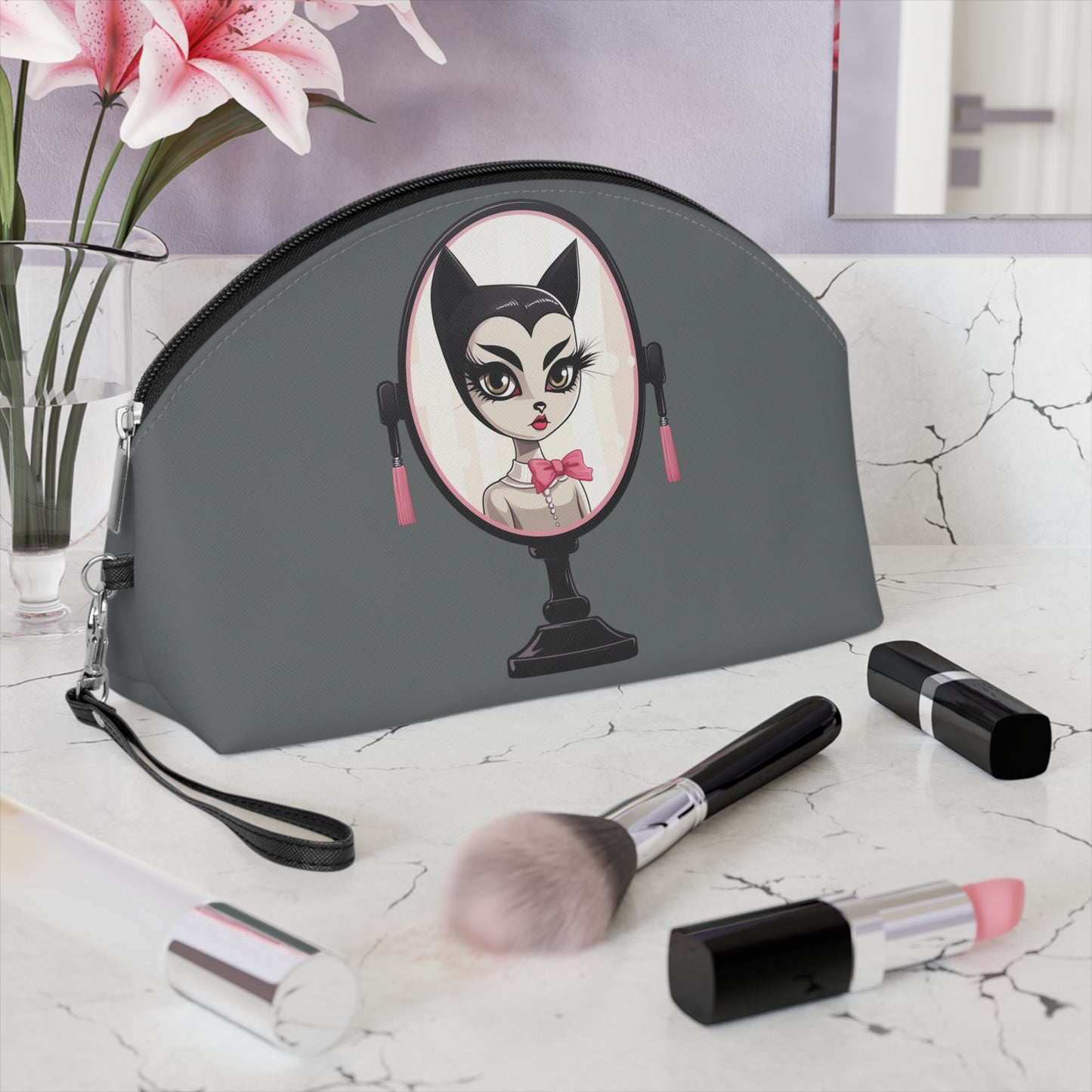 Sophisticated Cat Makeup Bag – Lady Cat with Pink Bow on grey