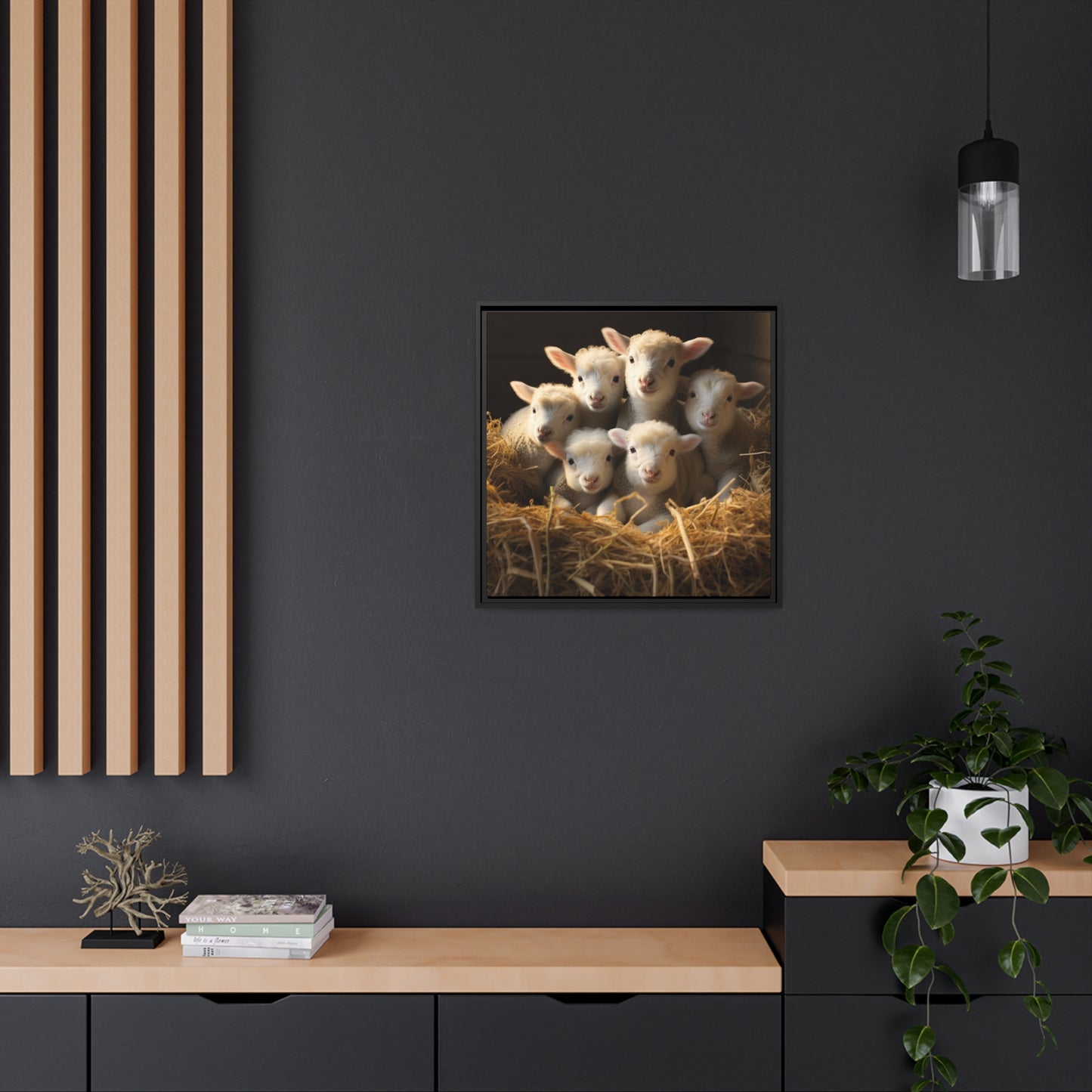 Lamb Family in Straw Framed Wall Canvas