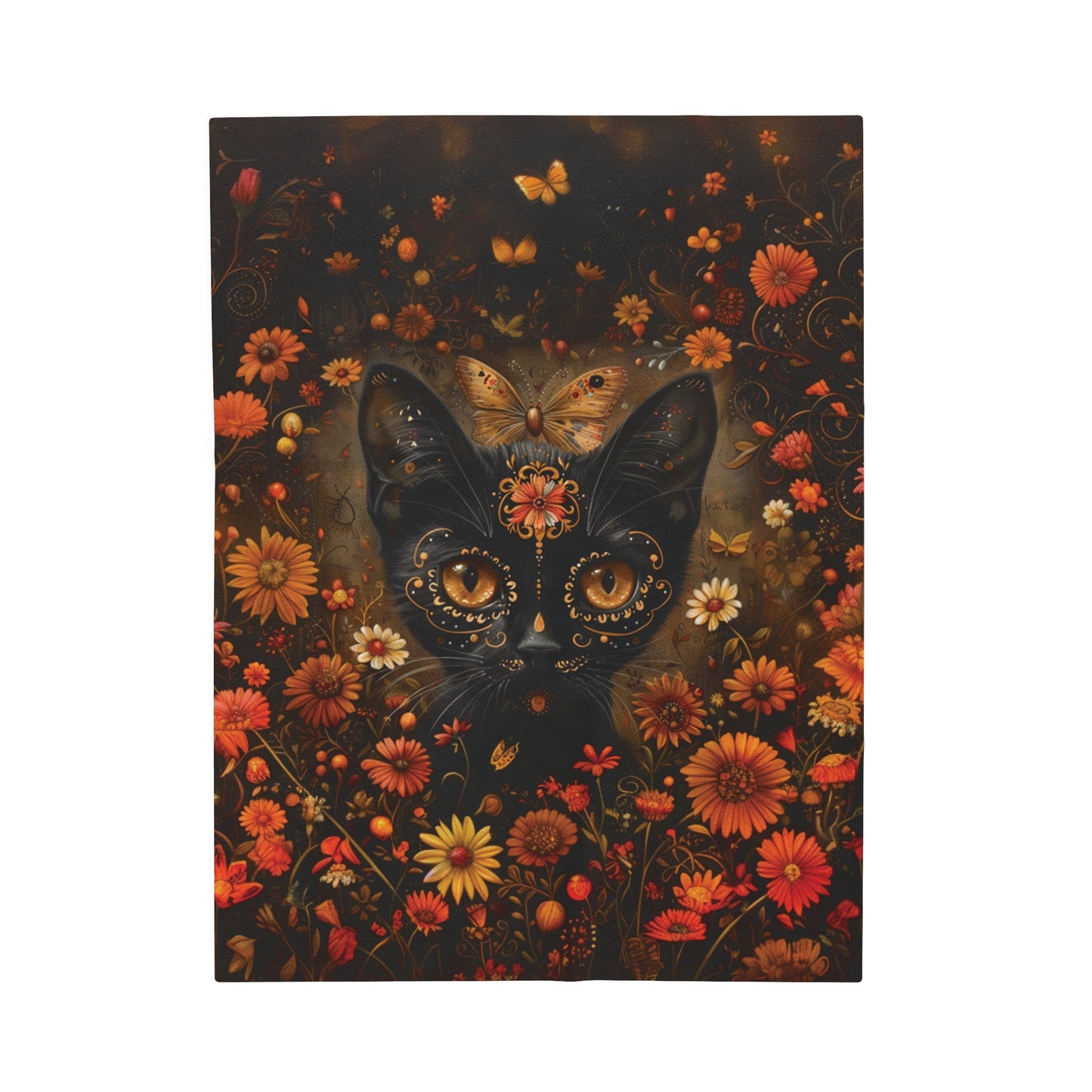 Cat in Orange Wildflowers - Day of the Dead - Throw Blanket