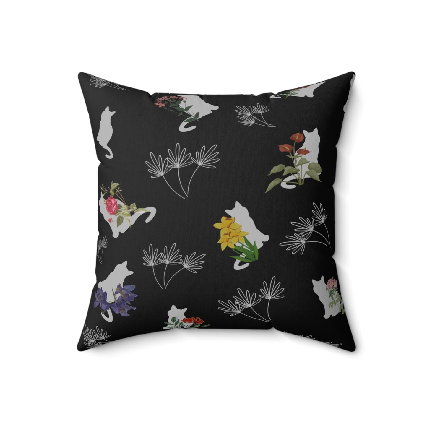 Cat and Flowers/Leafy Whimsy Throw Pillow – Black