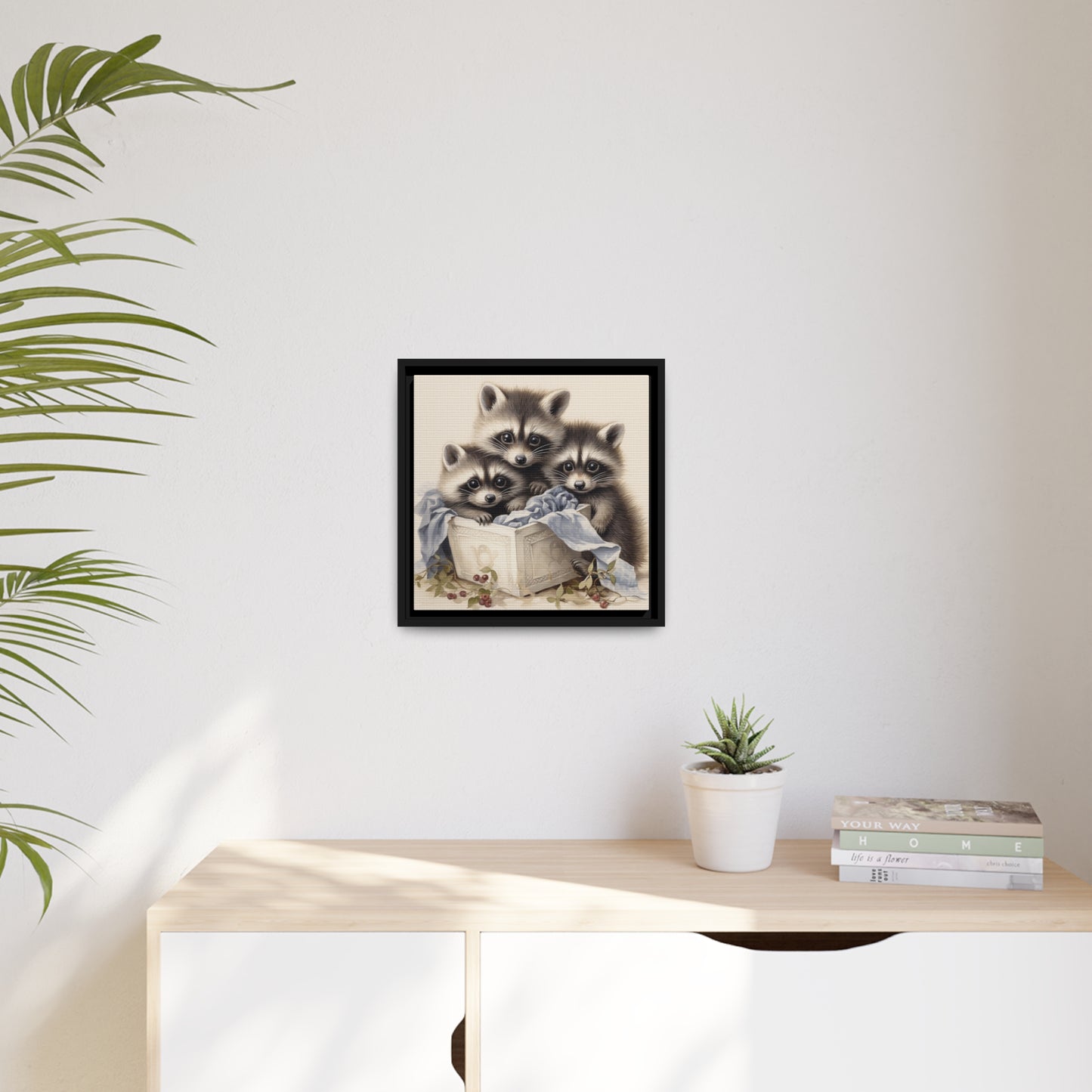 Raccoon Family with Blue Blanket Framed Wall Canvas