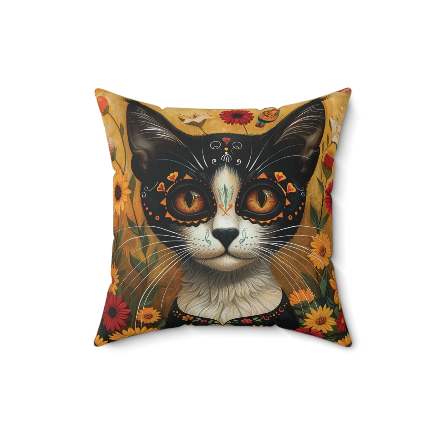 Cat on Yellow - Day of the Dead - Throw Pillow