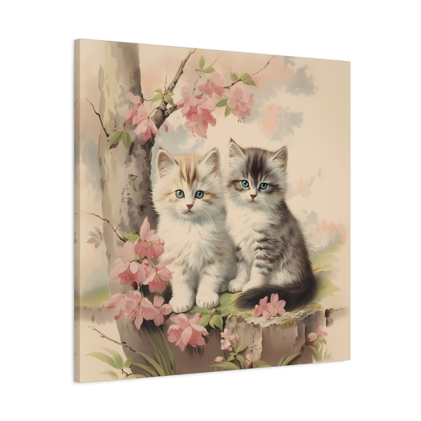 Kittens Under Pink Flowering Tree Wall Canvas