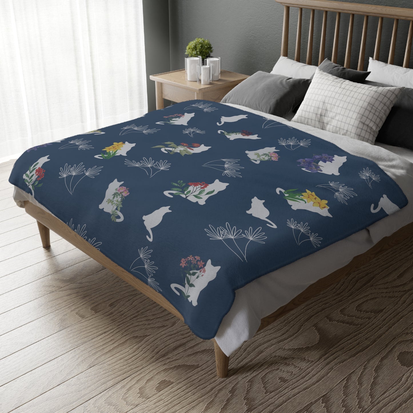 Cats and Flowers/Leafy Whimsy Blanket - Blue