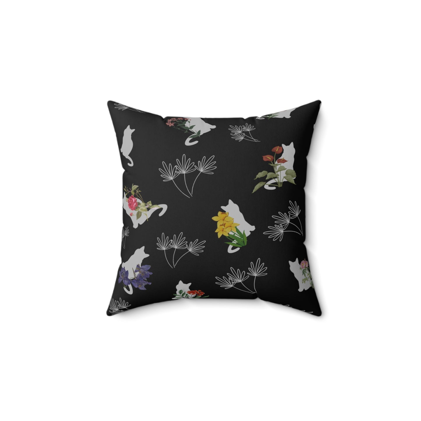 Cat and Flowers/Leafy Whimsy Throw Pillow – Black