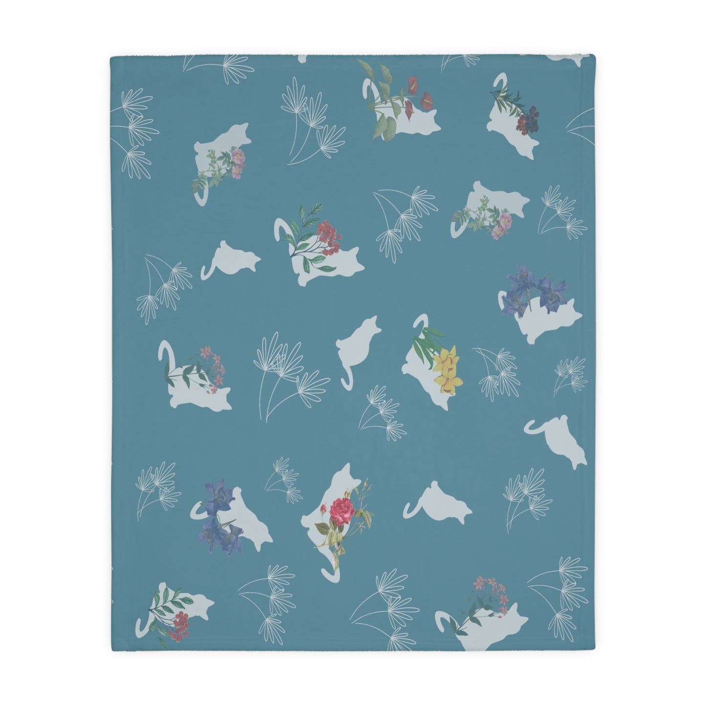 Cats and Flowers/Leafy Whimsy Blanket – Light Blue