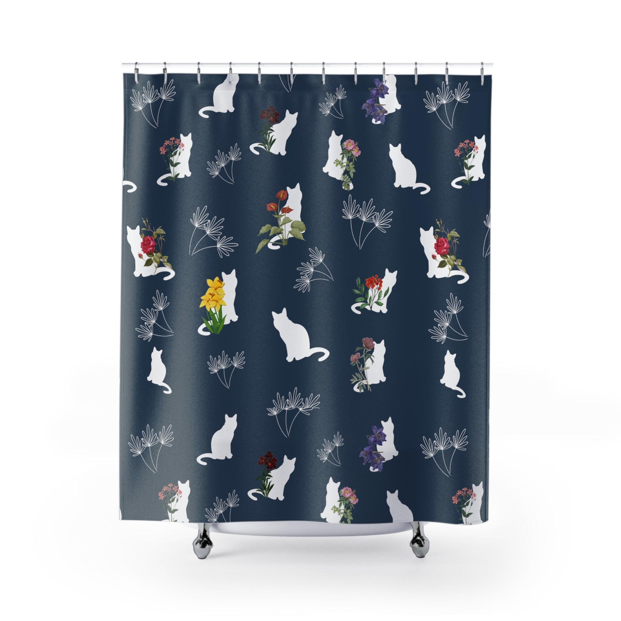 Cat and Flowers/Leafy Whimsy Shower Curtain - Blue