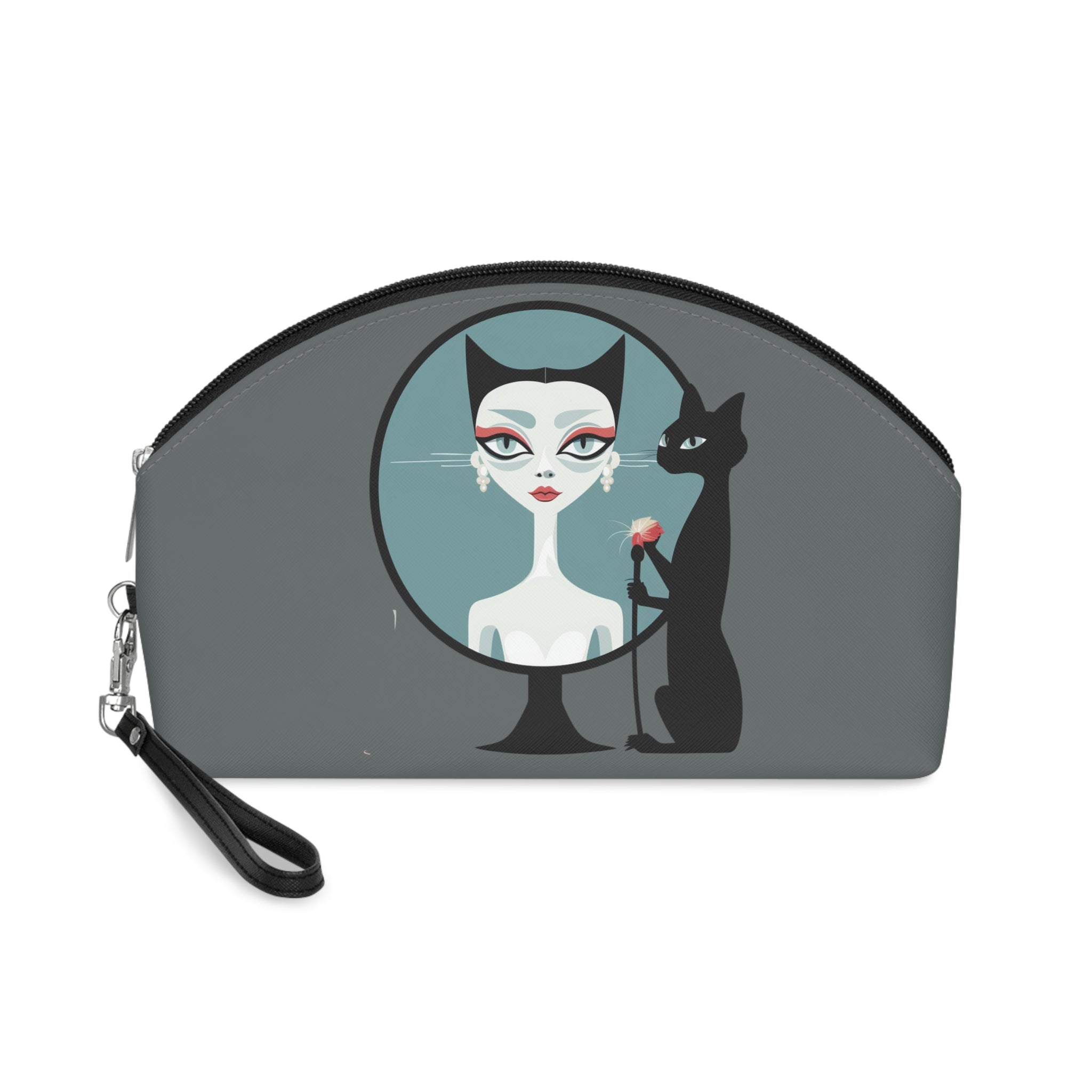 Sophisticated Cat Makeup Bag – Black Cat and Lovely Lady on grey