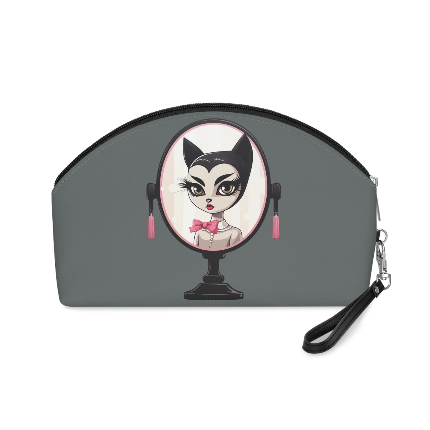 Sophisticated Cat Makeup Bag – Lady Cat with Pink Bow on grey