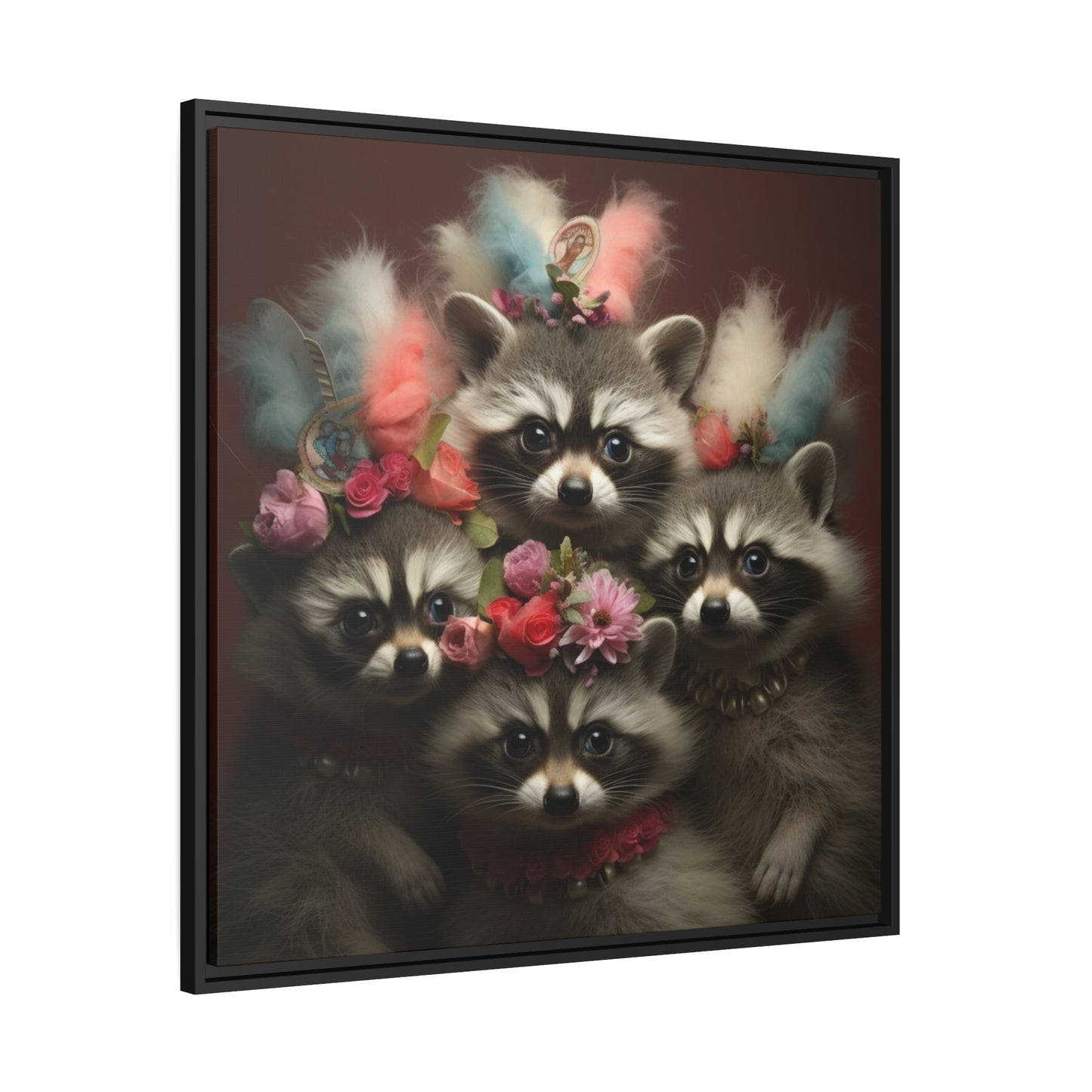 Raccoon Family with Colorful Plumes Framed Wall Canvas