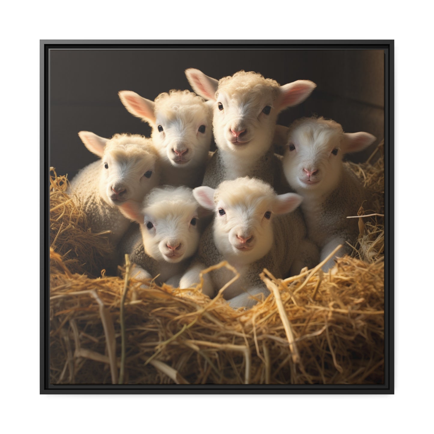 Lamb Family in Straw Framed Wall Canvas