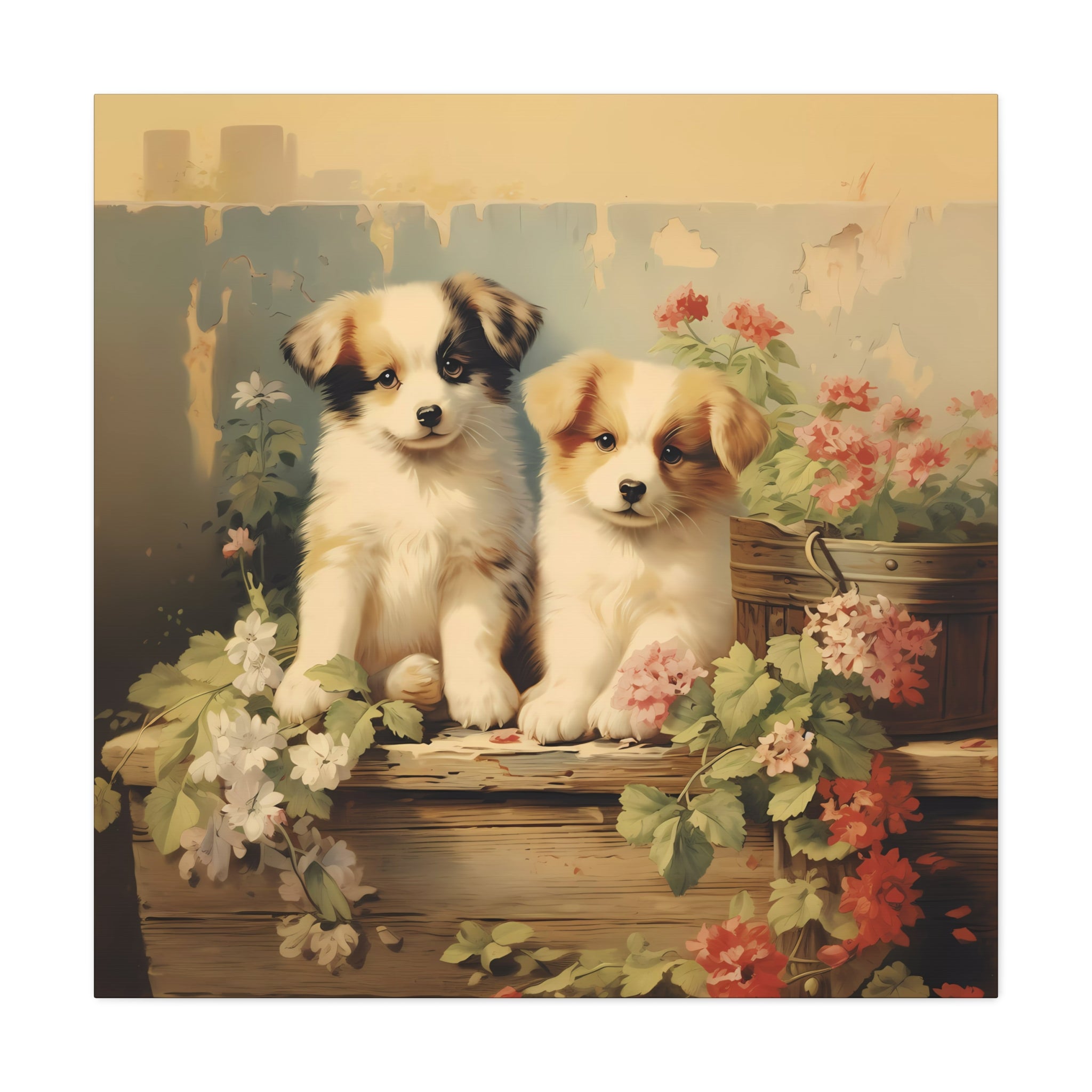 Puppies on Potting Table Wall Canvas