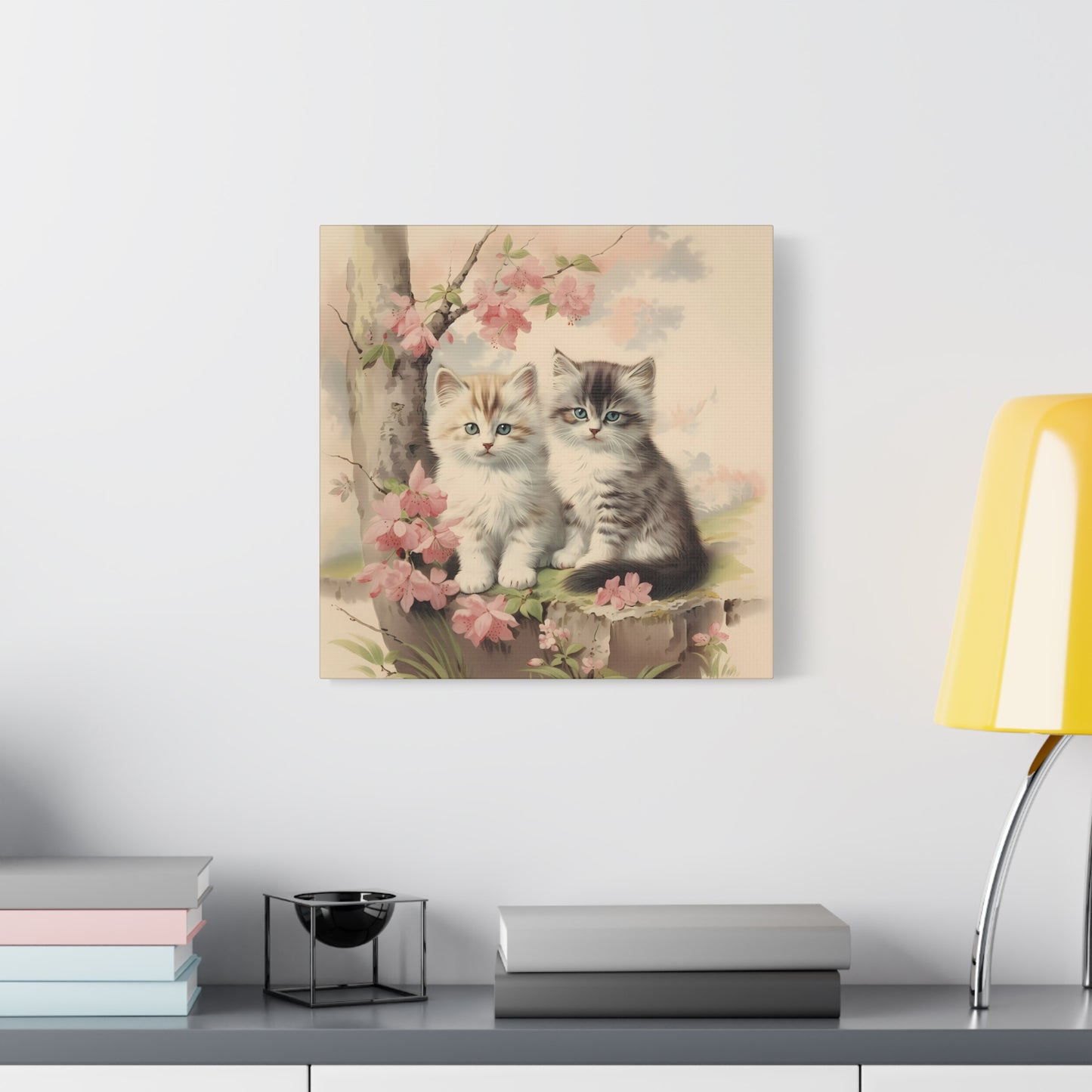 Kittens Under Pink Flowering Tree Wall Canvas