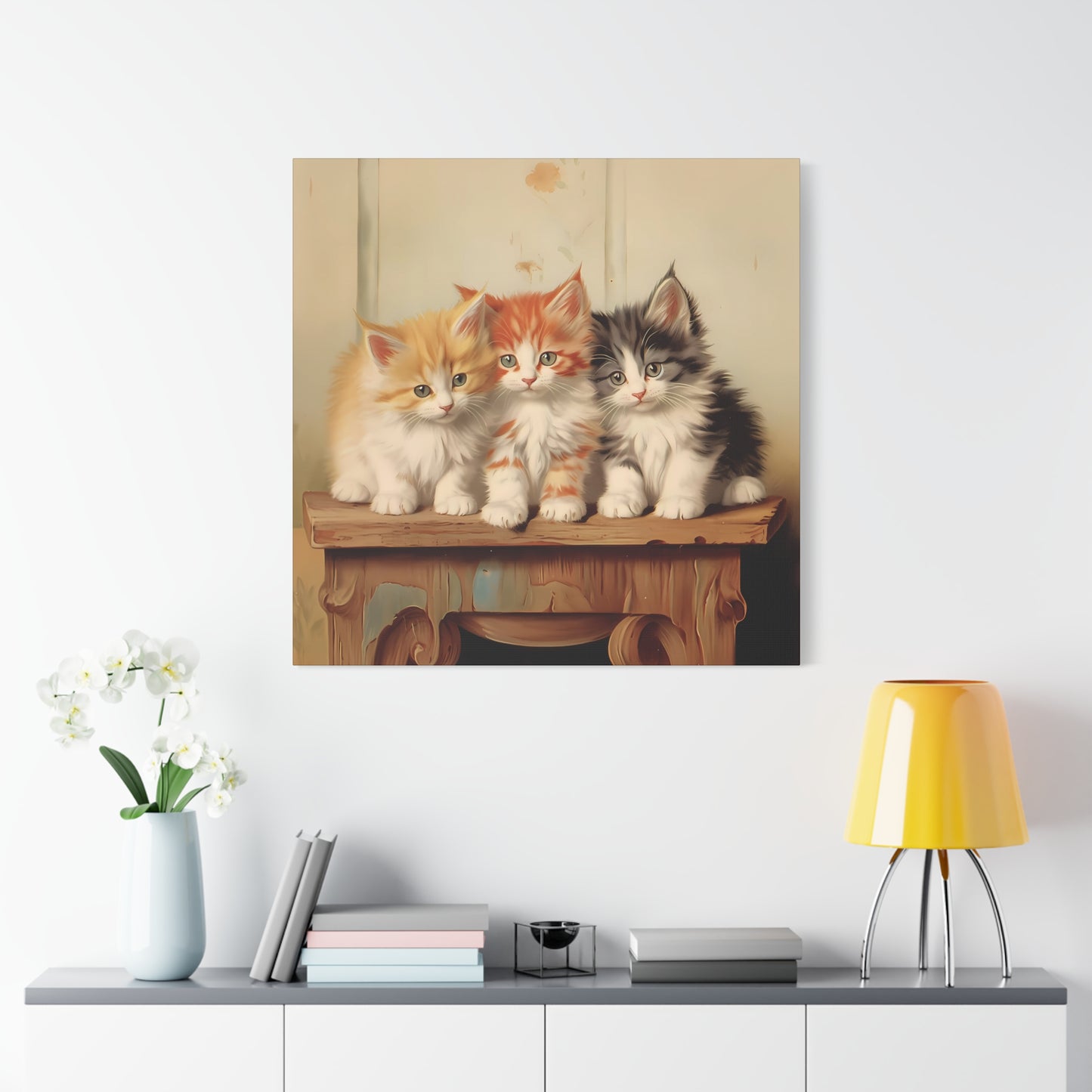 Three Kittens on Painted Table Wall Canvas