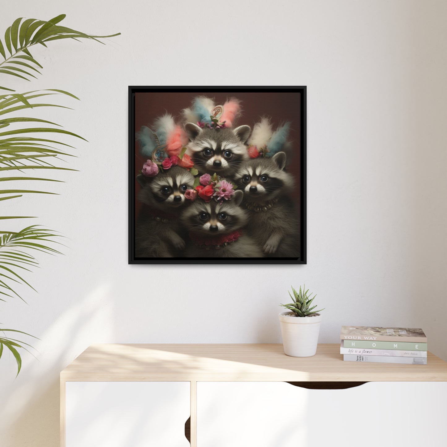 Raccoon Family with Colorful Plumes Framed Wall Canvas