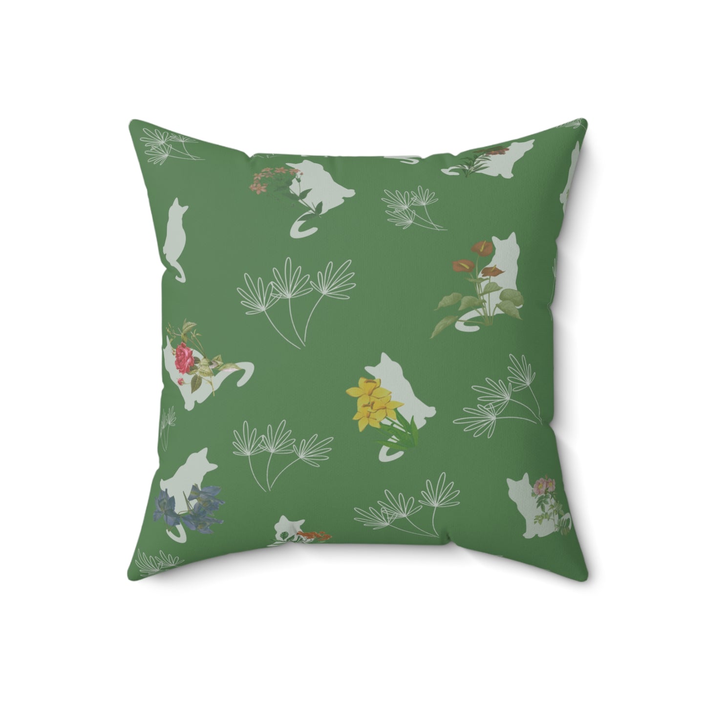 Cat and Flowers/Leafy Whimsy Throw Pillow – Green