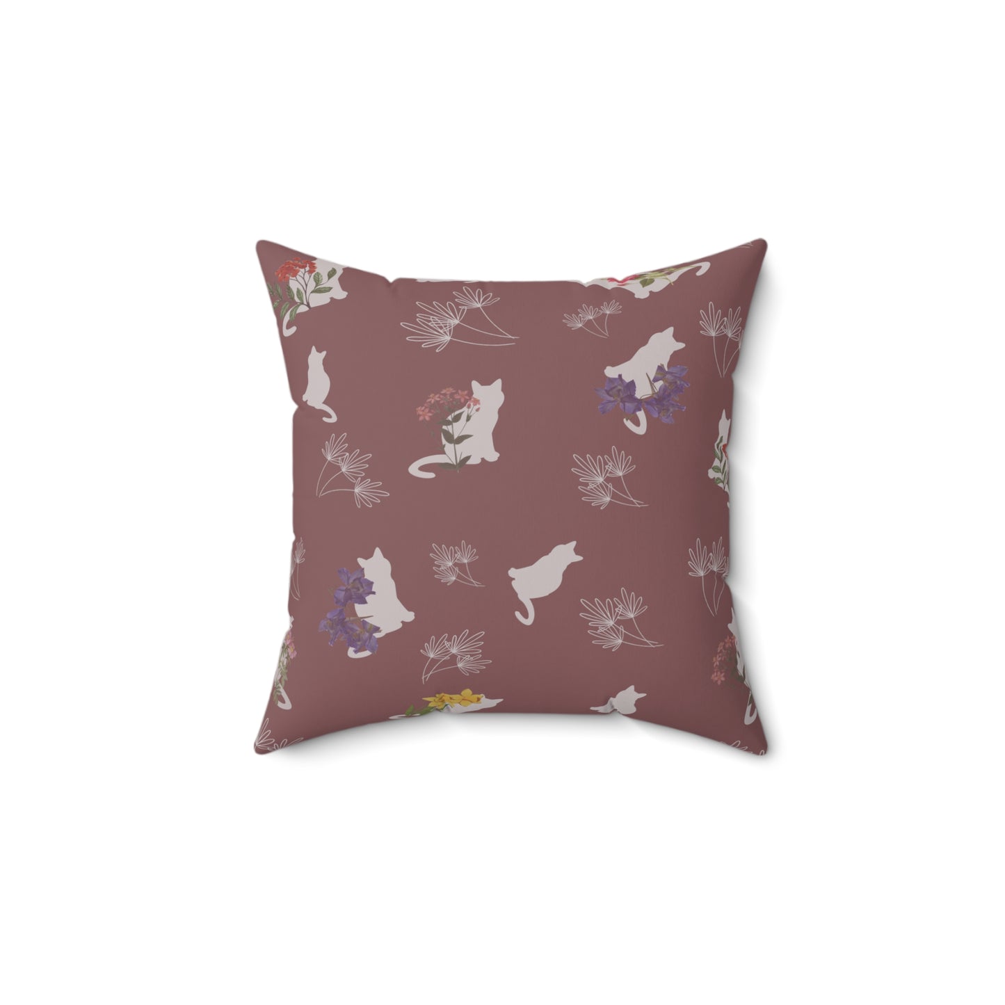 Cat and Flowers/Leafy Whimsy Throw Pillow – Mauve