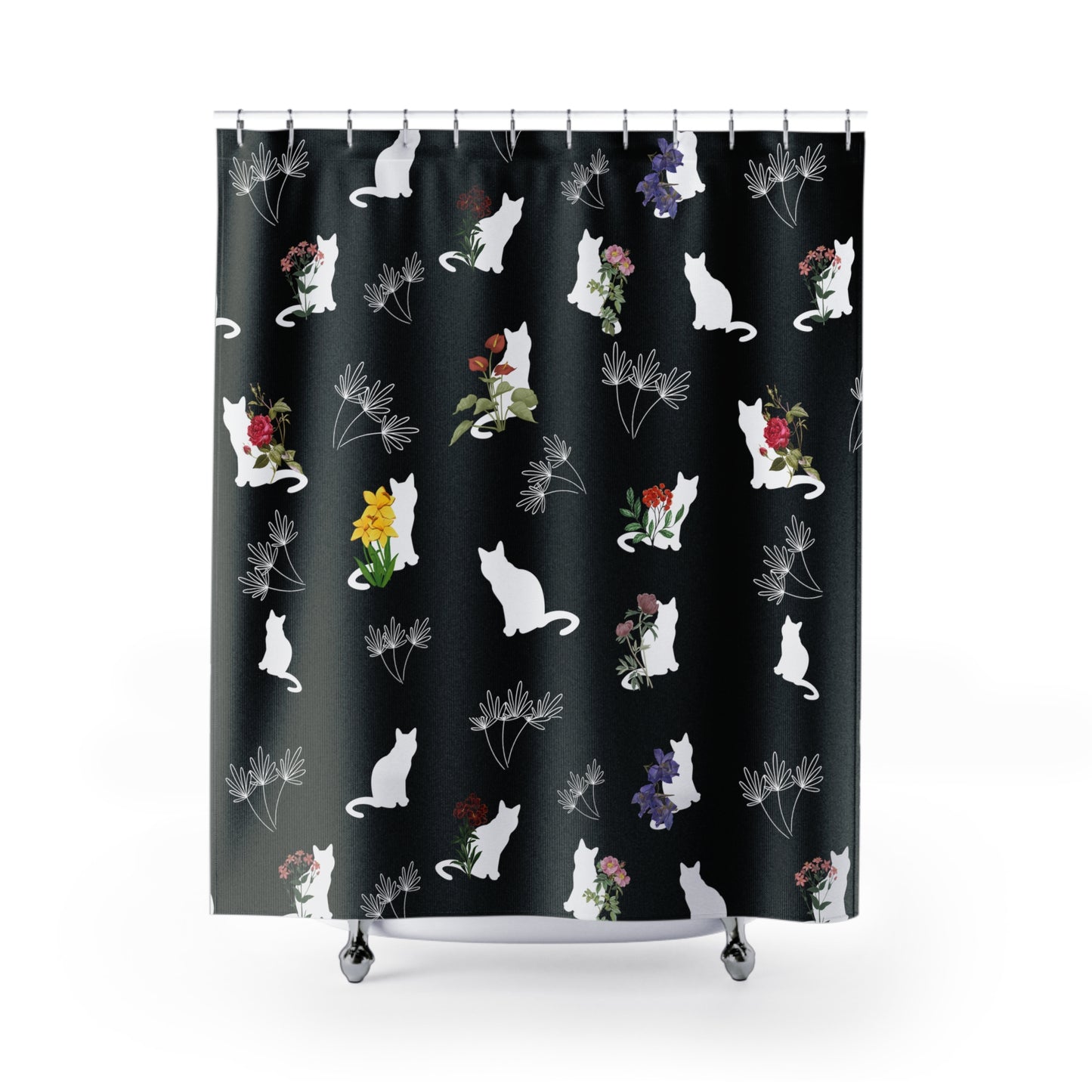 Cat and Flower/Leafy Whimsy Shower Curtain – Black