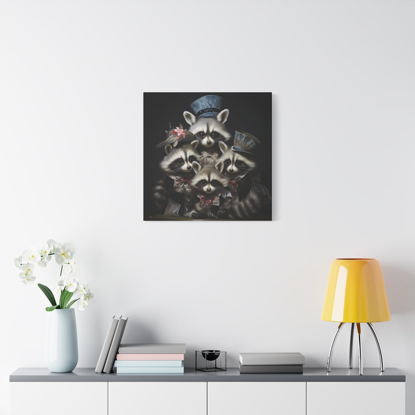 Raccoon Family in Blue Hats Wall Canvas