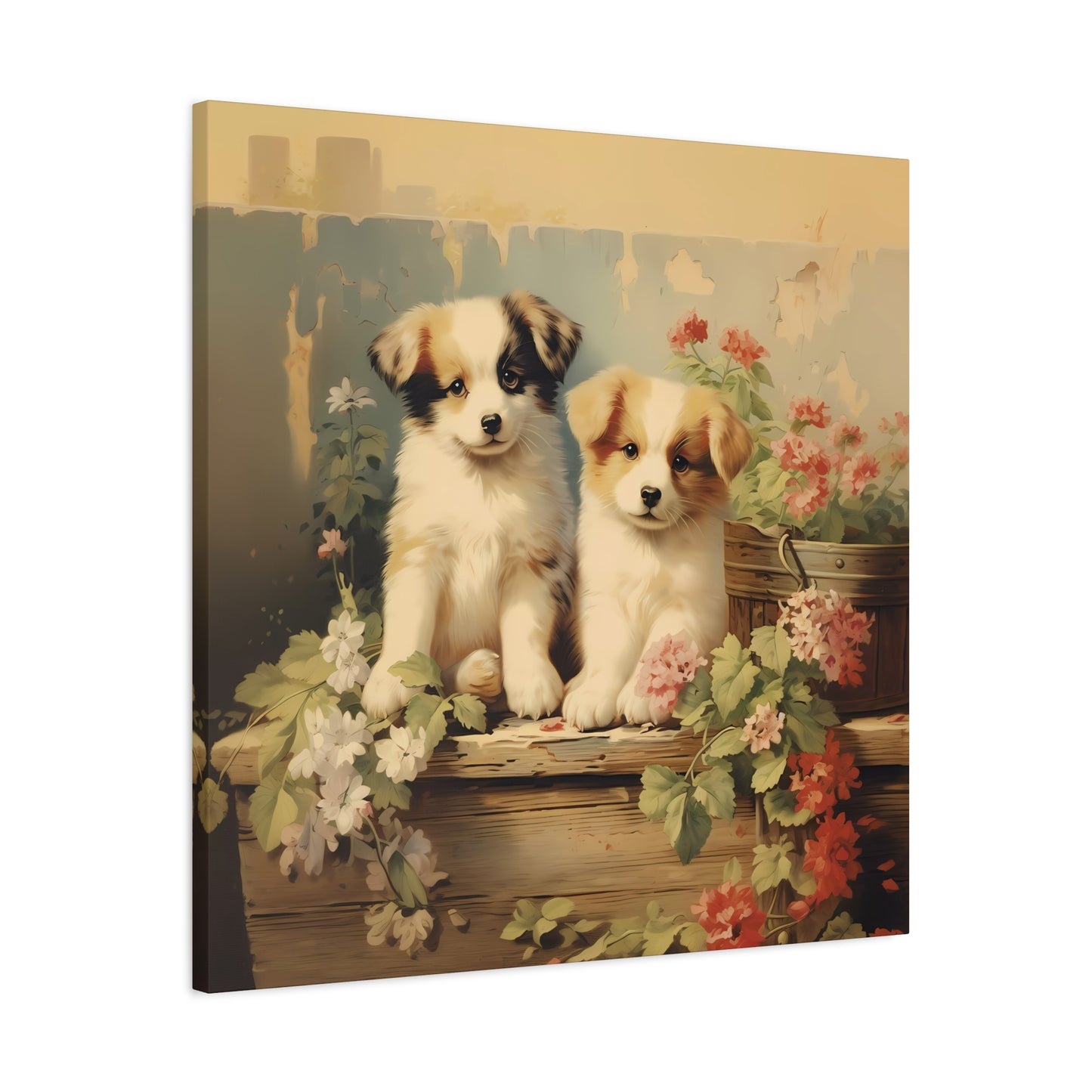 Puppies on Potting Table Wall Canvas